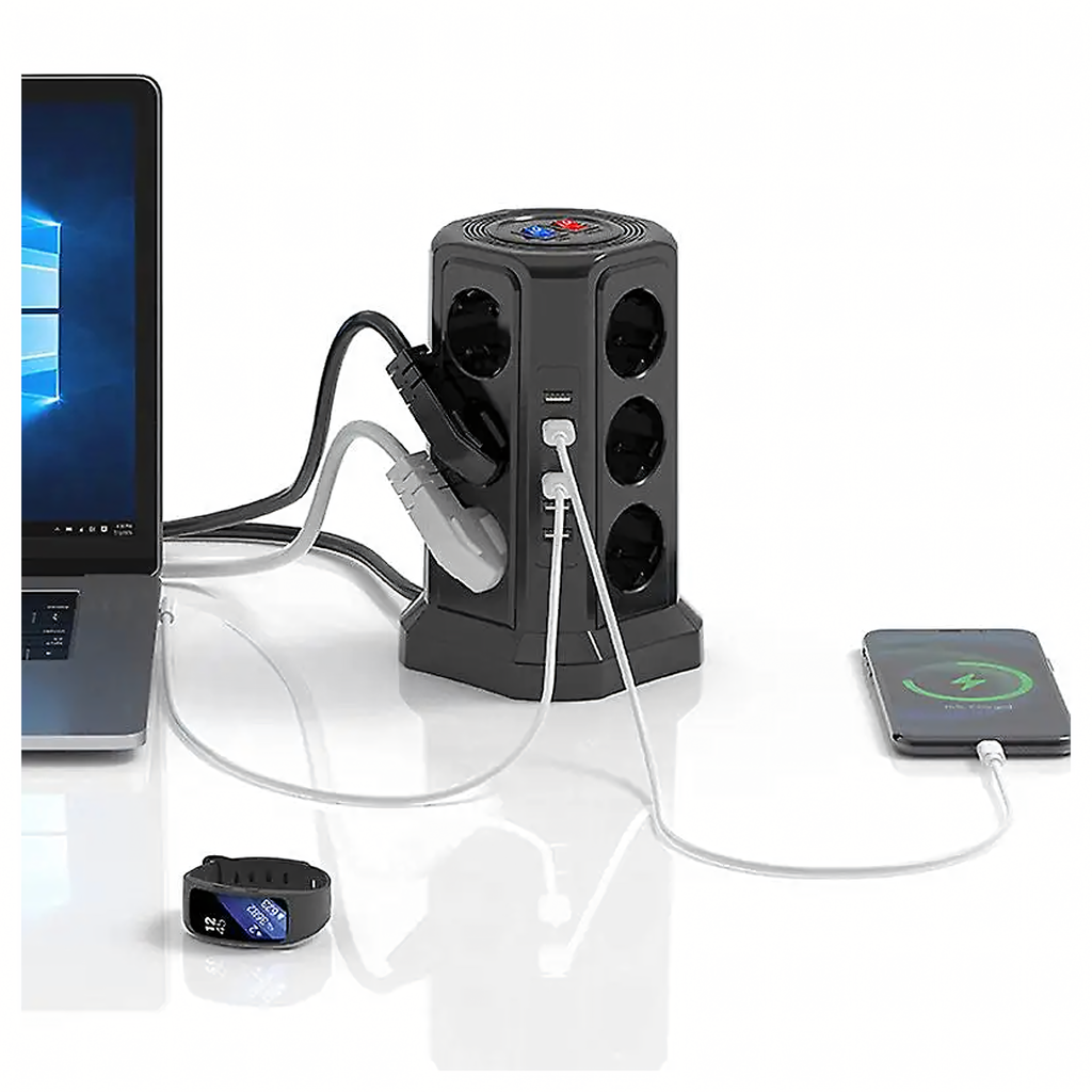 Püstine kaitsev pikendusjuhe välgukaitsega, 12 pistikupesa + 5 USB lähtestusporti