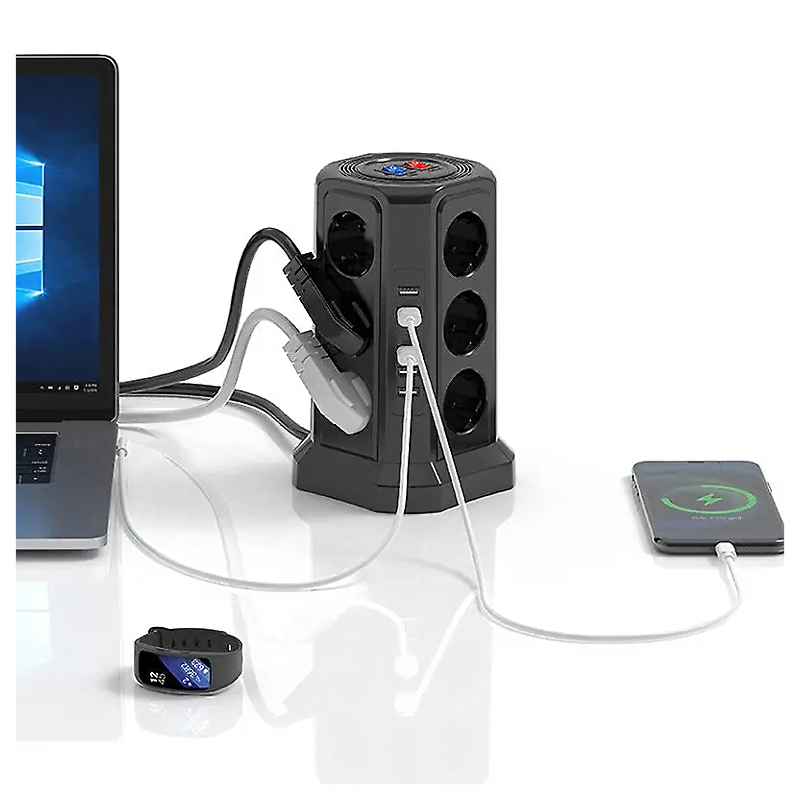 Püstine kaitsev pikendusjuhe välgukaitsega, 12 pistikupesa + 5 USB lähtestusporti