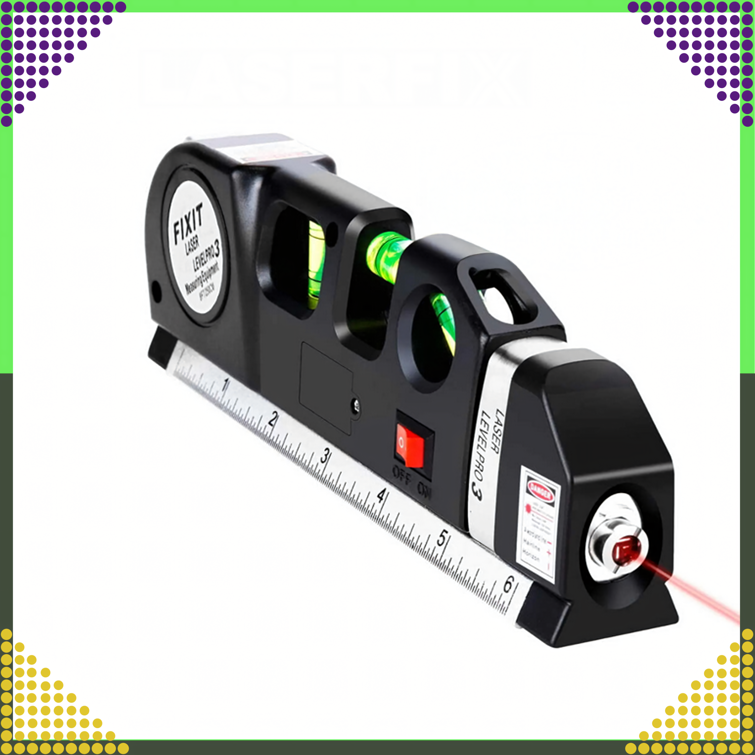 Laserlood koos mõõduga 250 cm, 3 taset, valguslood + patareid