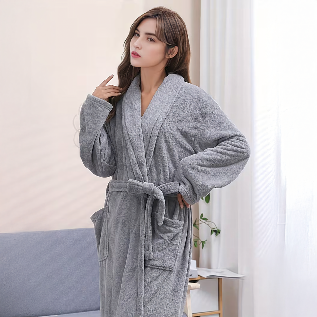 Classic Comfortable Warm Women's Hotel Bathrobe Tied Soft Gray