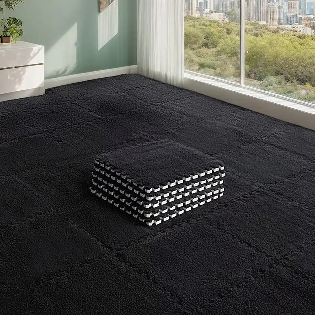 12x EVA Foam Puzzle Plush Mat Floor Carpet Black 30x30cm