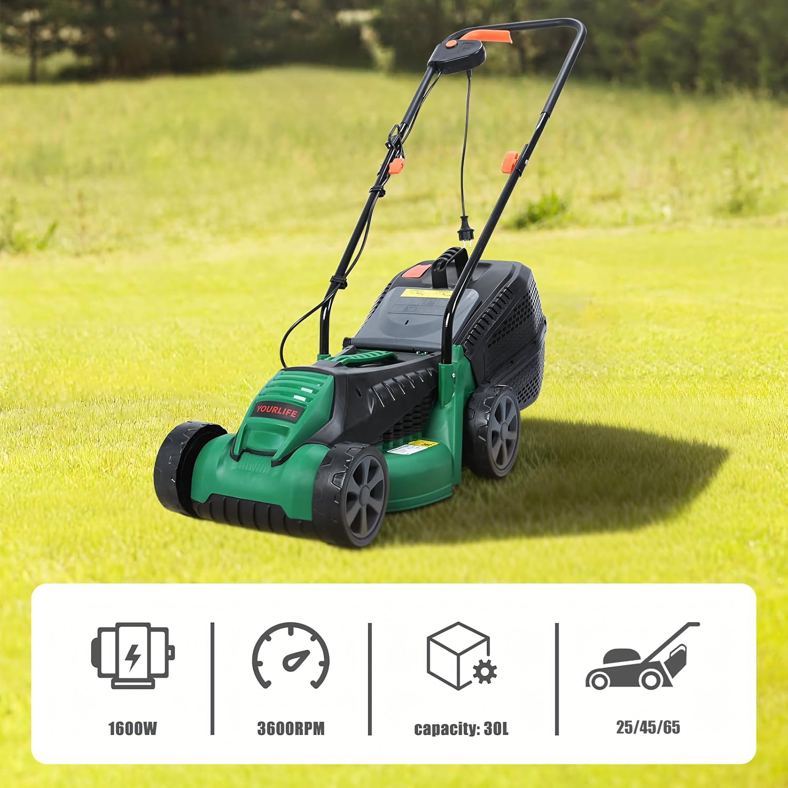 Electric Lawn Mower 1600W 32cm with 30L Grass Collector