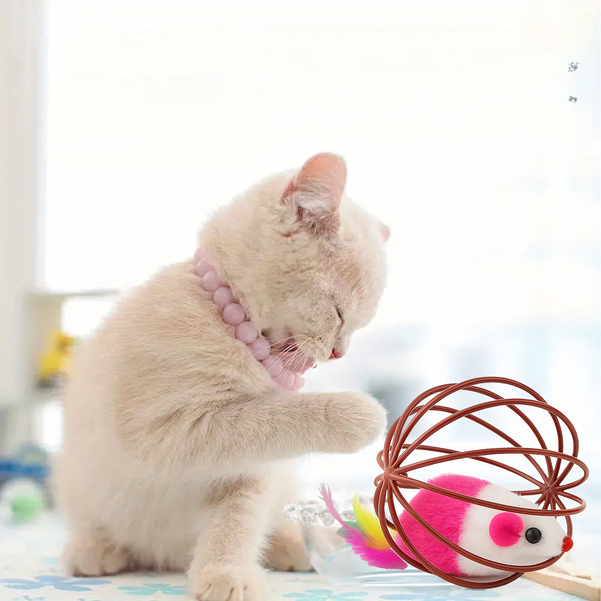 Interaktiivne mängupall kassile, hiire, sulgede, kõristi ja traadist palliga