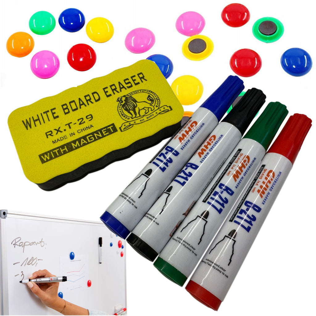 Tarvikute komplekt valgetahvli markeritele, käsn, magnetid