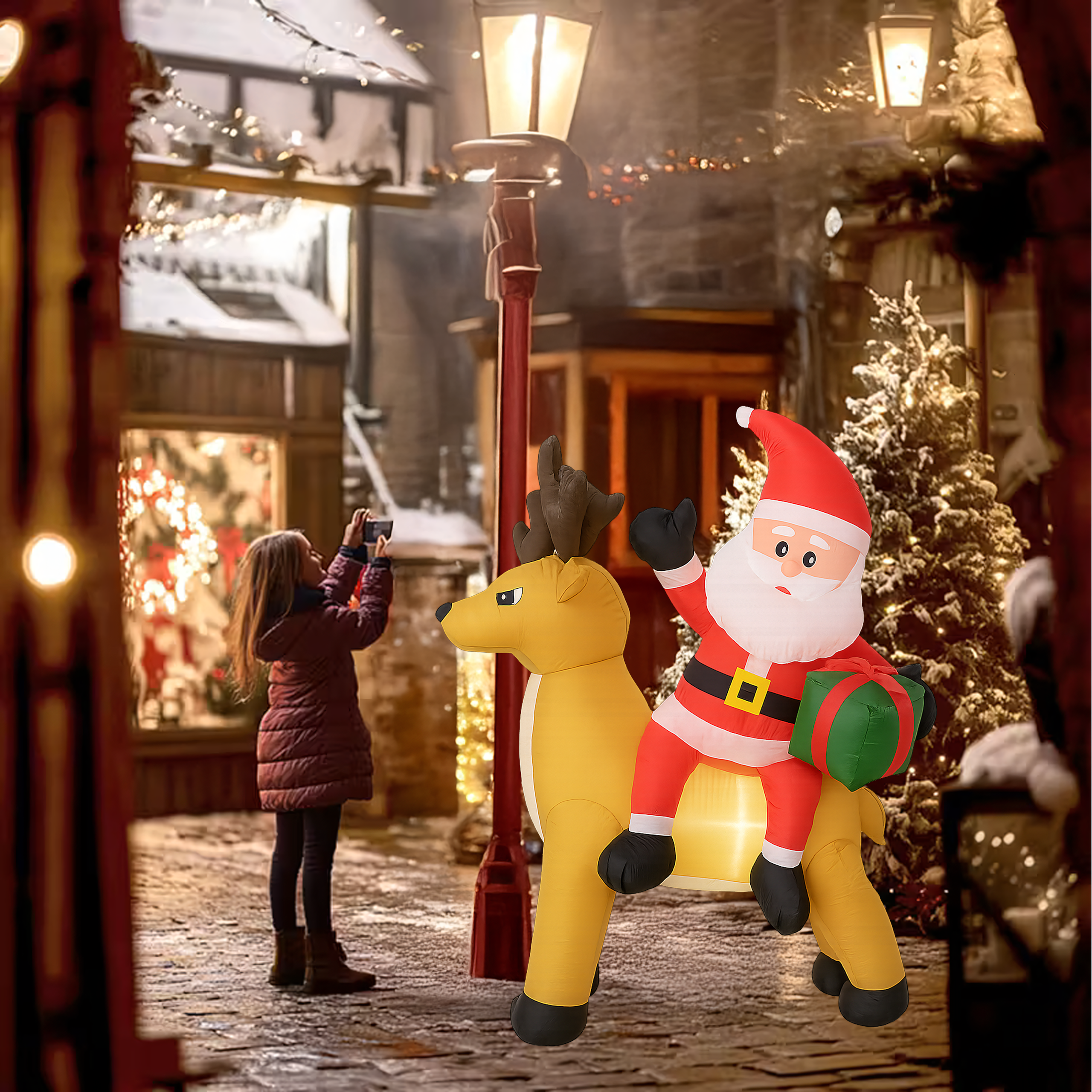 Täispuhutav jõuluvana põhjapõdraga 1.5m jõulukaunistus LED-taustvalgustusega