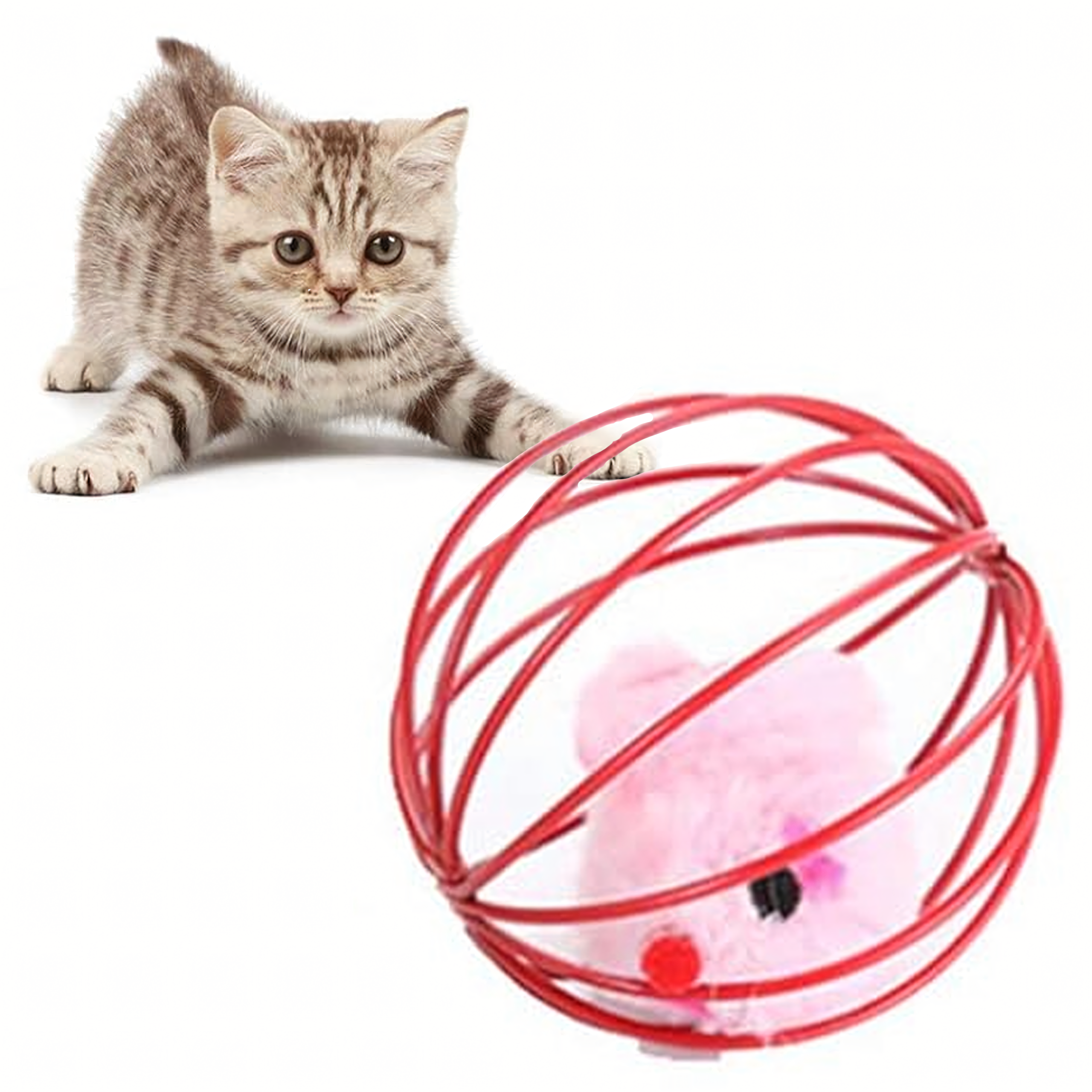 Interaktiivne mängupall kassile, hiire, sulgede, kõristi ja traadist palliga