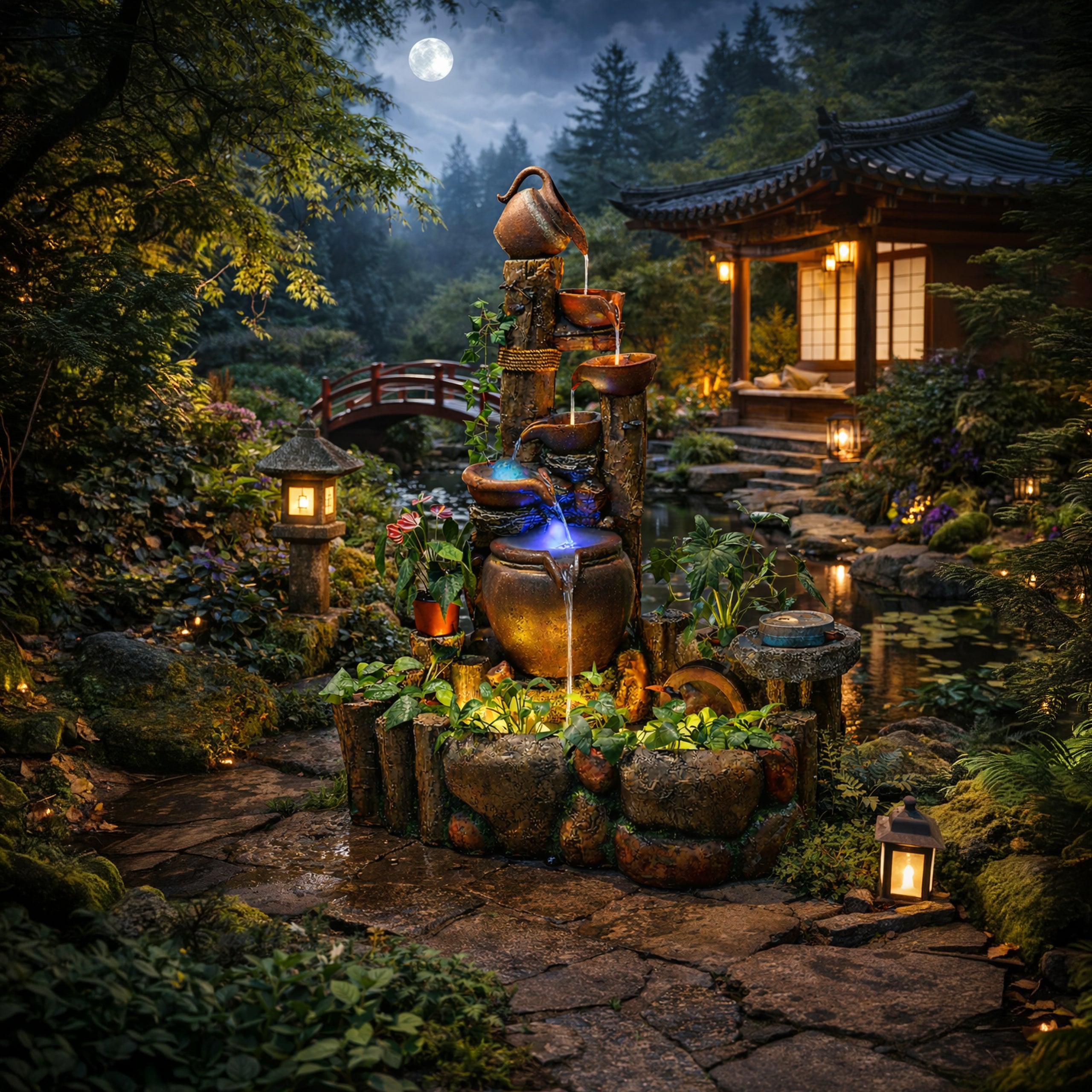 Large Decorative Garden Fountain 113x85x148cm Cascade with LED Lighting