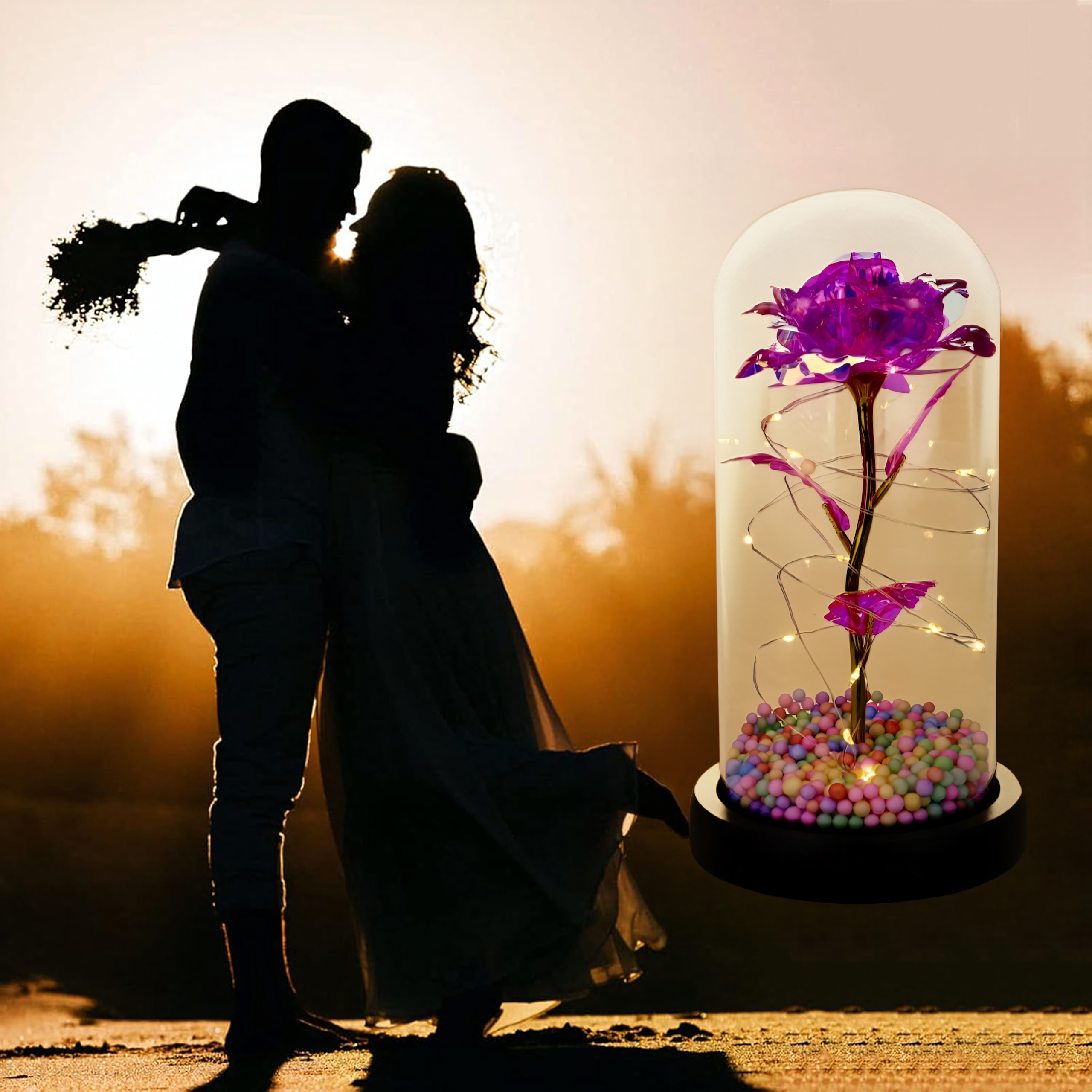 Igavene roos klaasis, helendav LED, ehtne roosa kingiidee