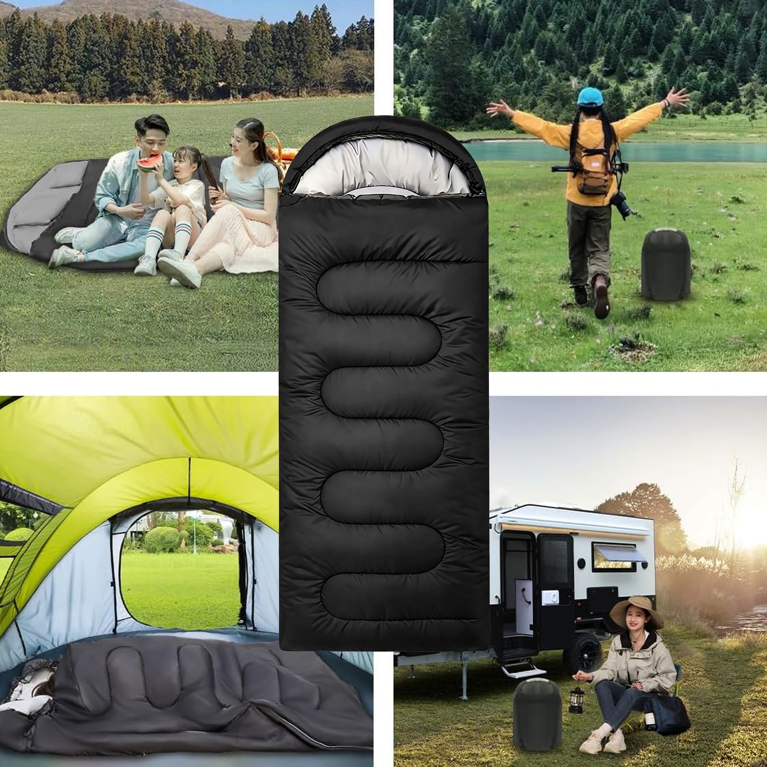 180x Mummi magamiskott 2-in-1 210×75cm soe kapuutsiga tekk Black