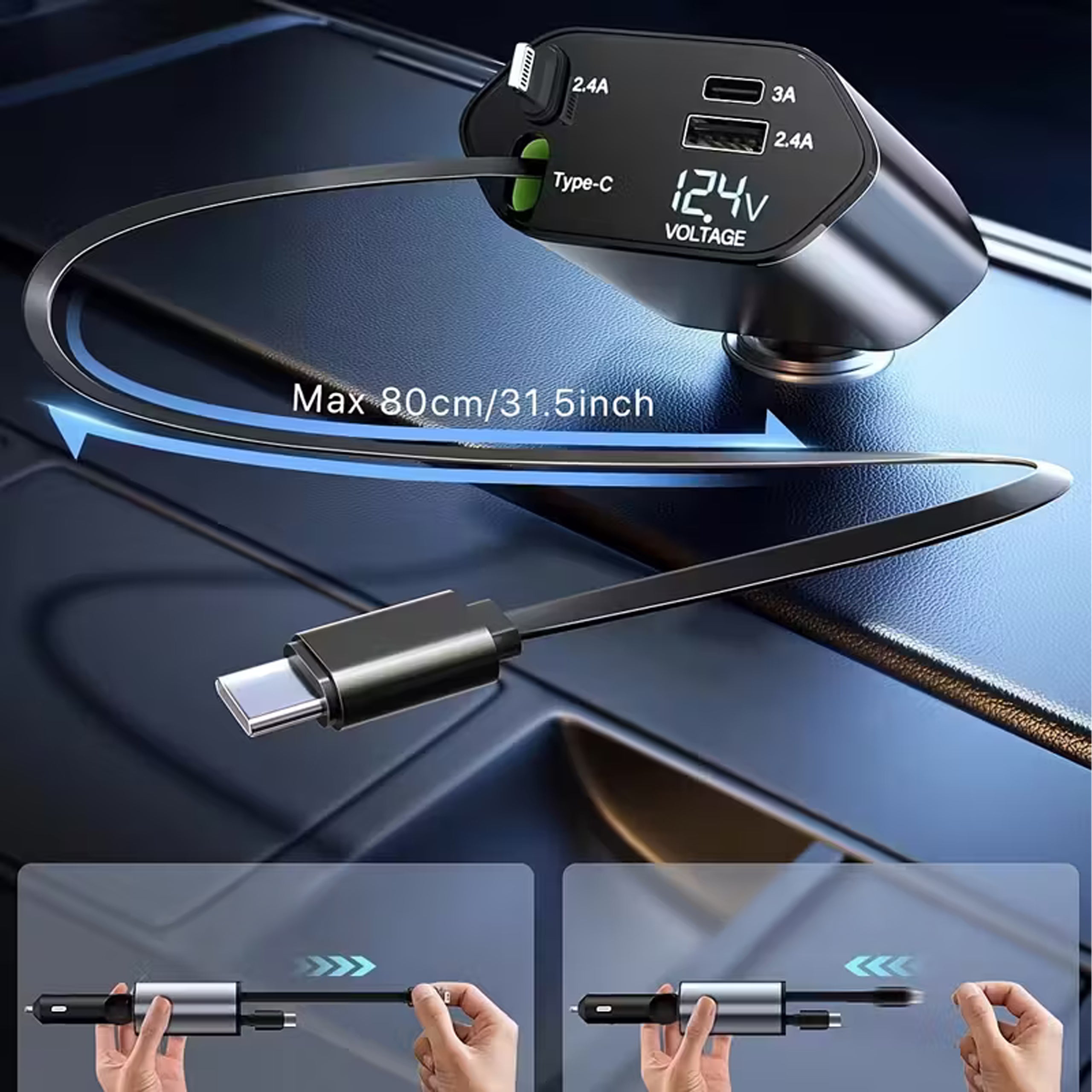 USB C IOS autolaadija liigendrullik 100W kiirlaadimine 80 cm