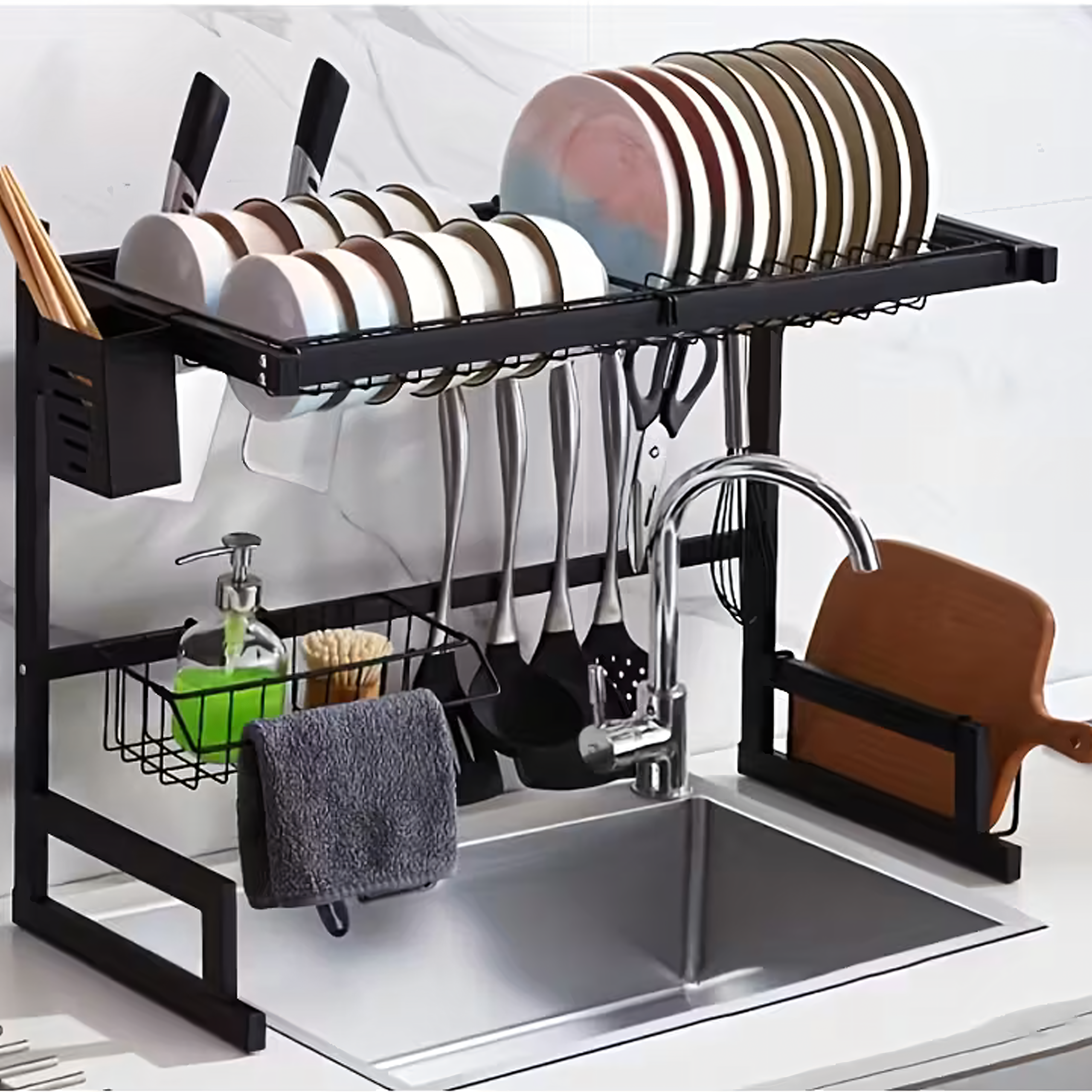 Two-Tier Dish Drying Rack for Dishes with a Board Holder