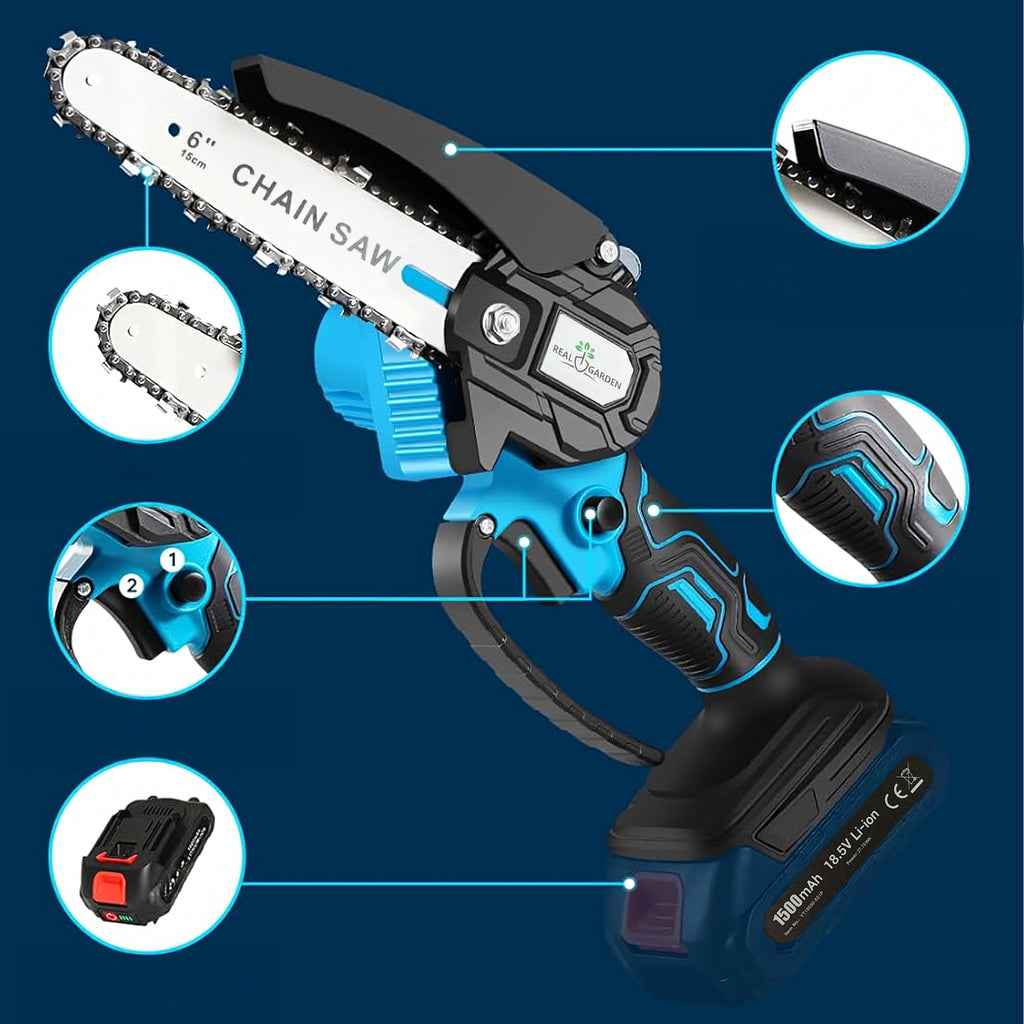 Väike akutoitega minisaag aias puuokste lõikamiseks