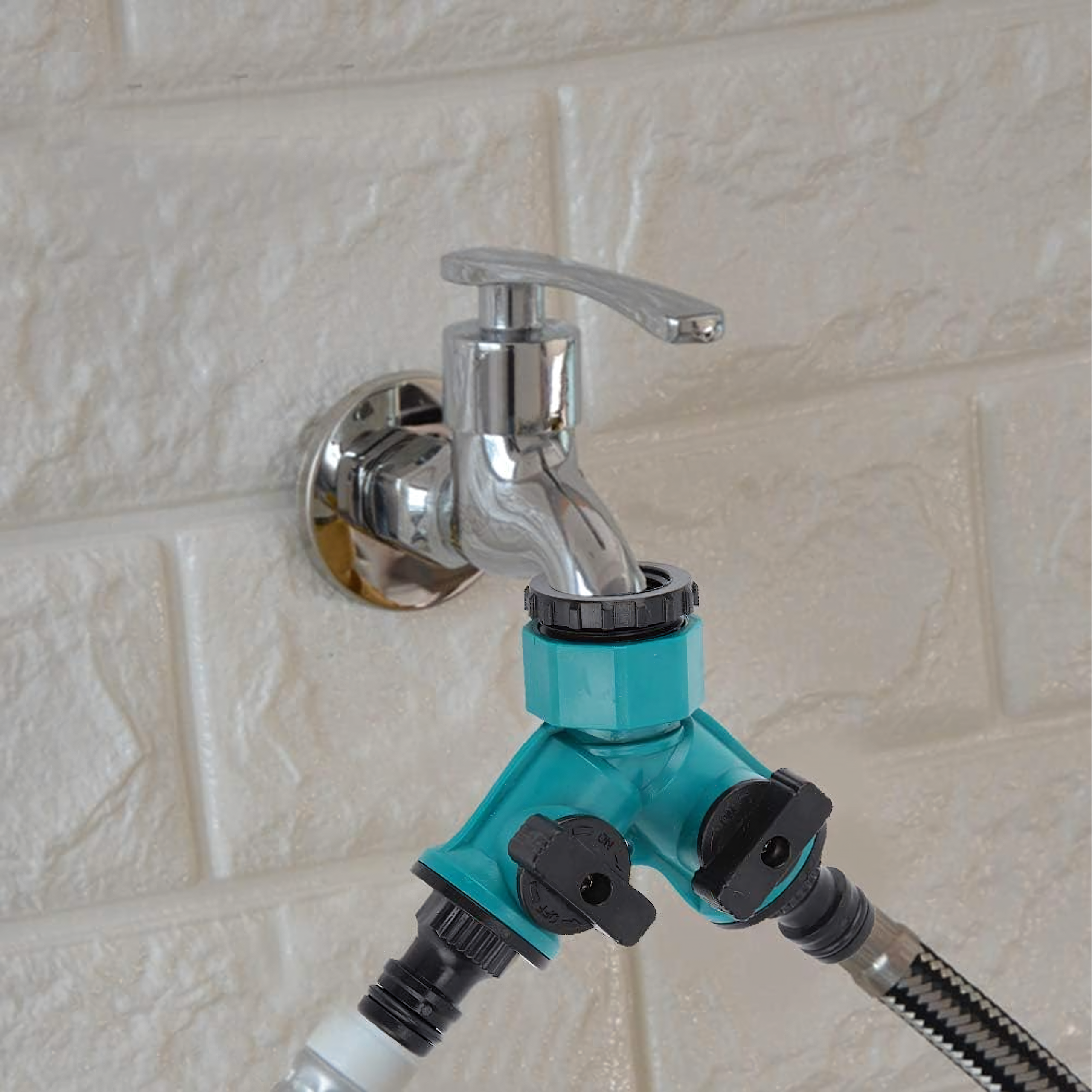 2-Way Garden Hose Tap Connector Reducer 1/2" to 3/4" with Valves