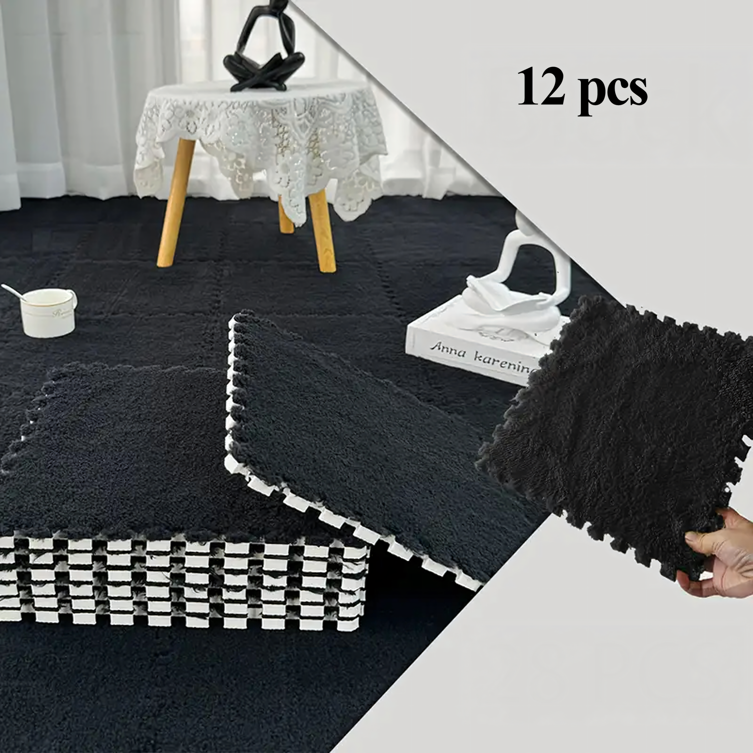12x EVA Foam Puzzle Plush Mat Floor Carpet Black 30x30cm
