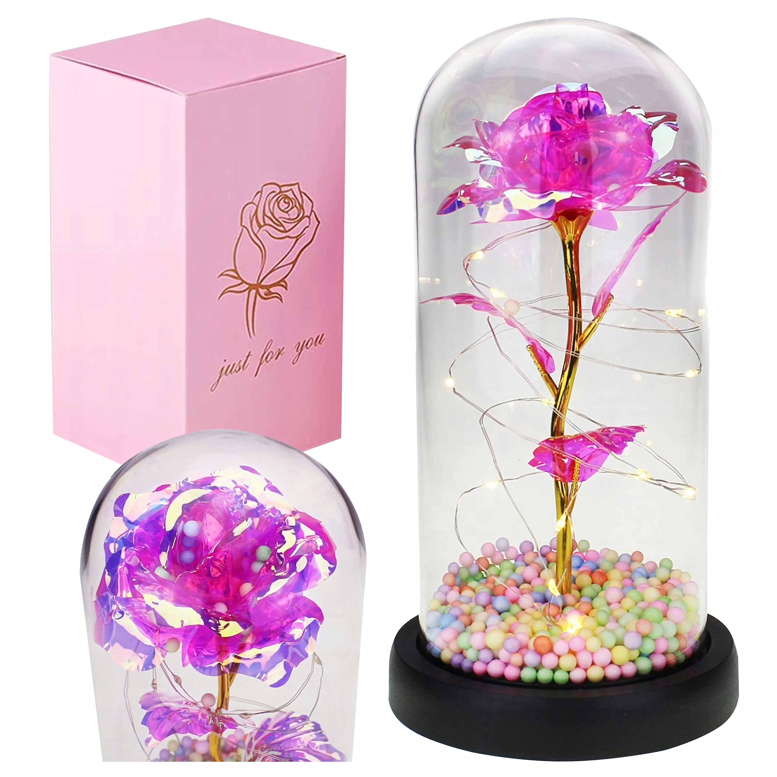 Igavene roos klaasis, helendav LED, ehtne roosa kingiidee