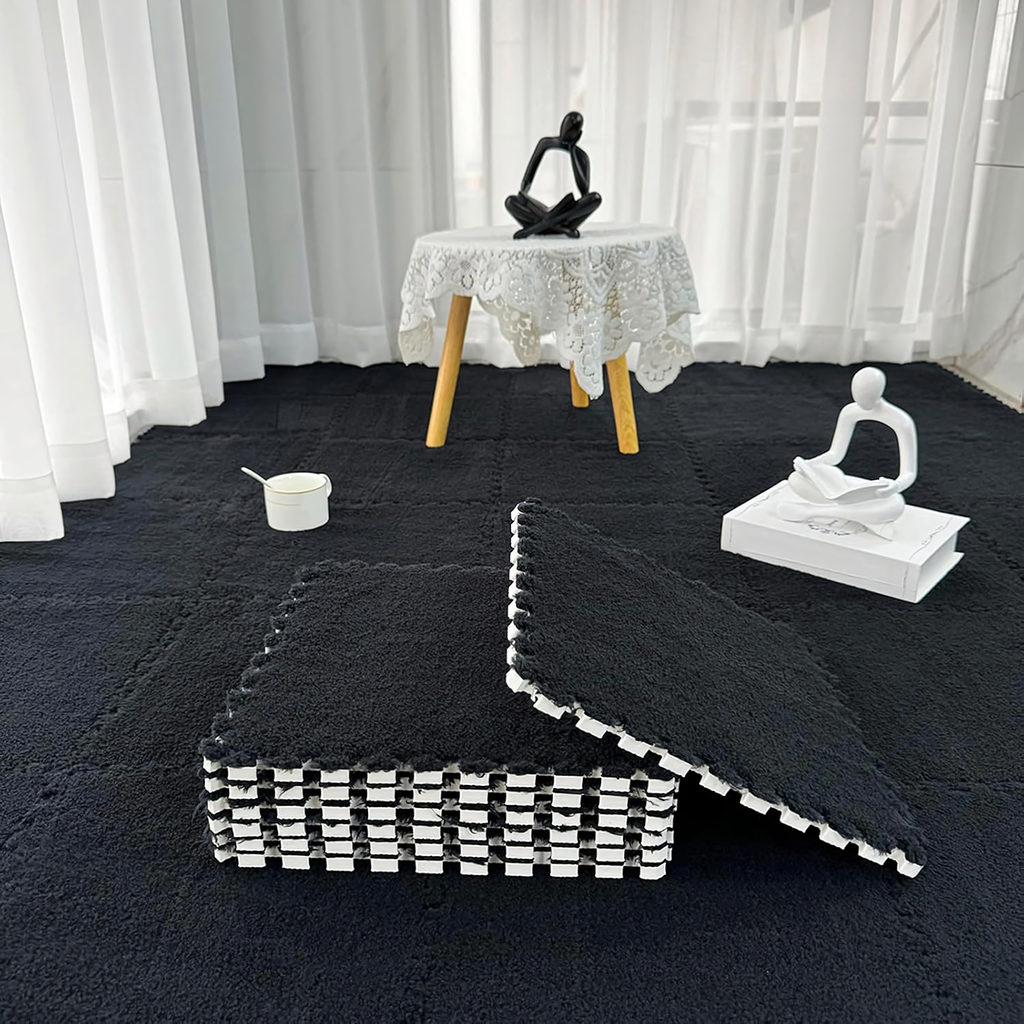 12x EVA Foam Puzzle Plush Mat Floor Carpet Black 30x30cm