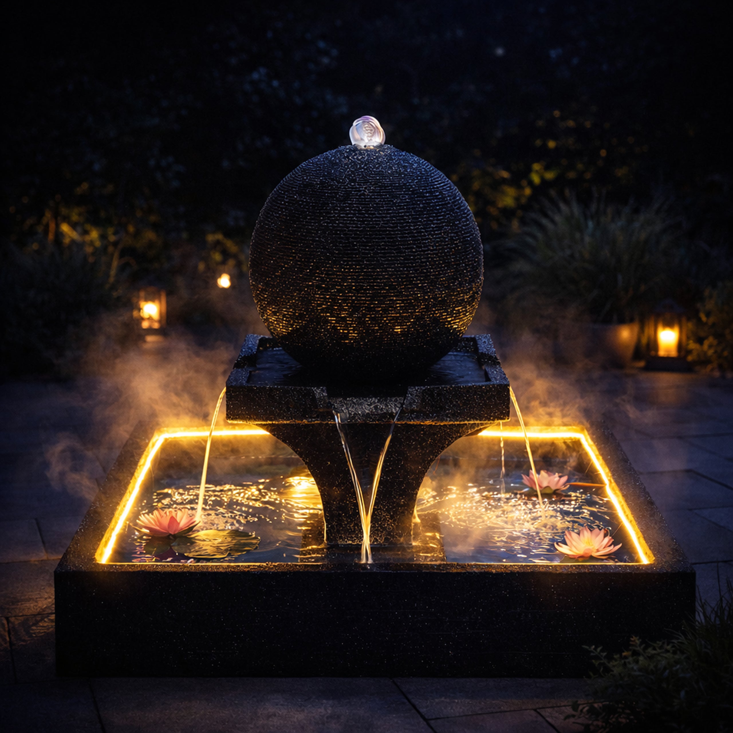 Large Garden Water Fountain with Spherical Water Feature 140x140x120cm LED Terrace Decoration