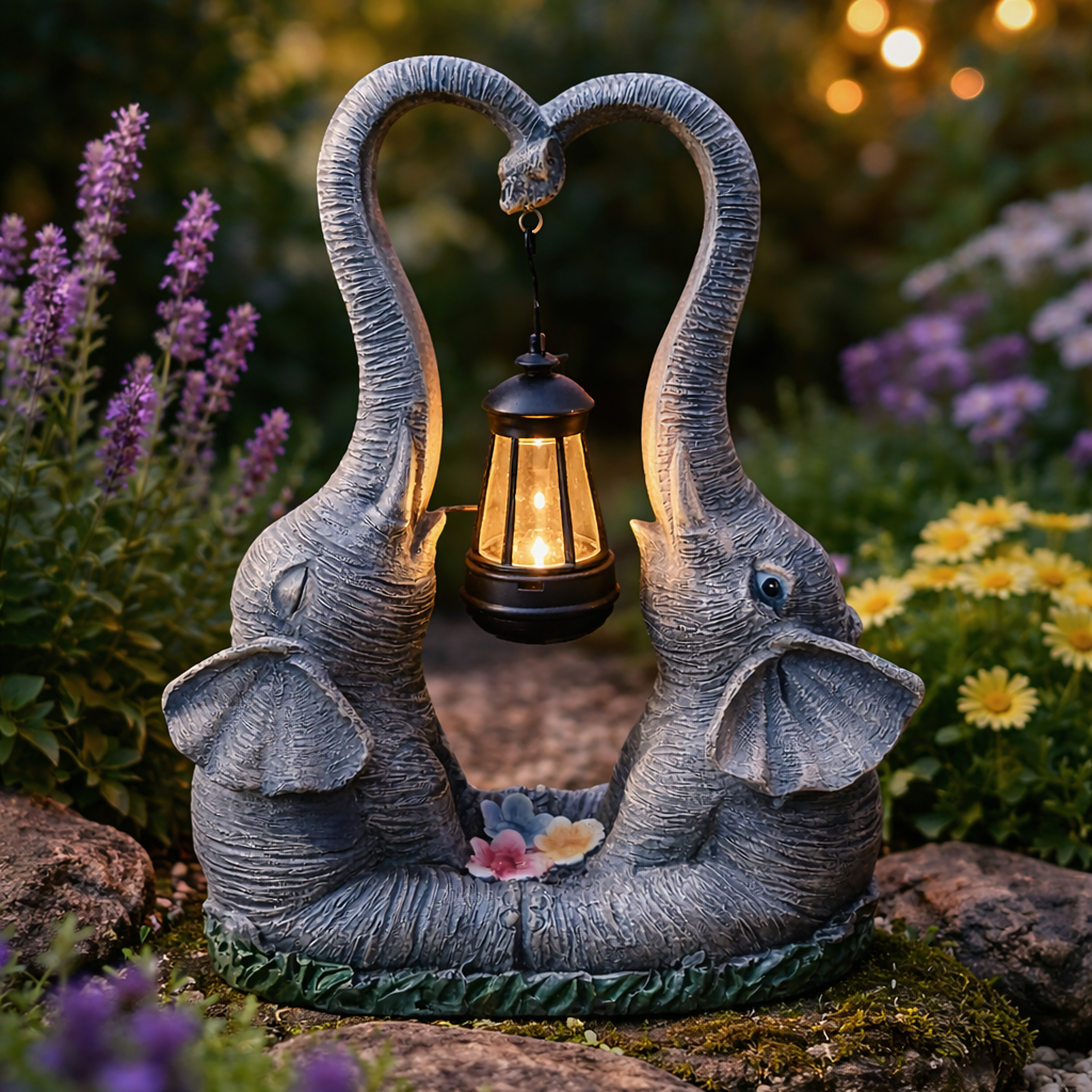 Solar LED Garden Elephant Figurine Lamp with Lantern