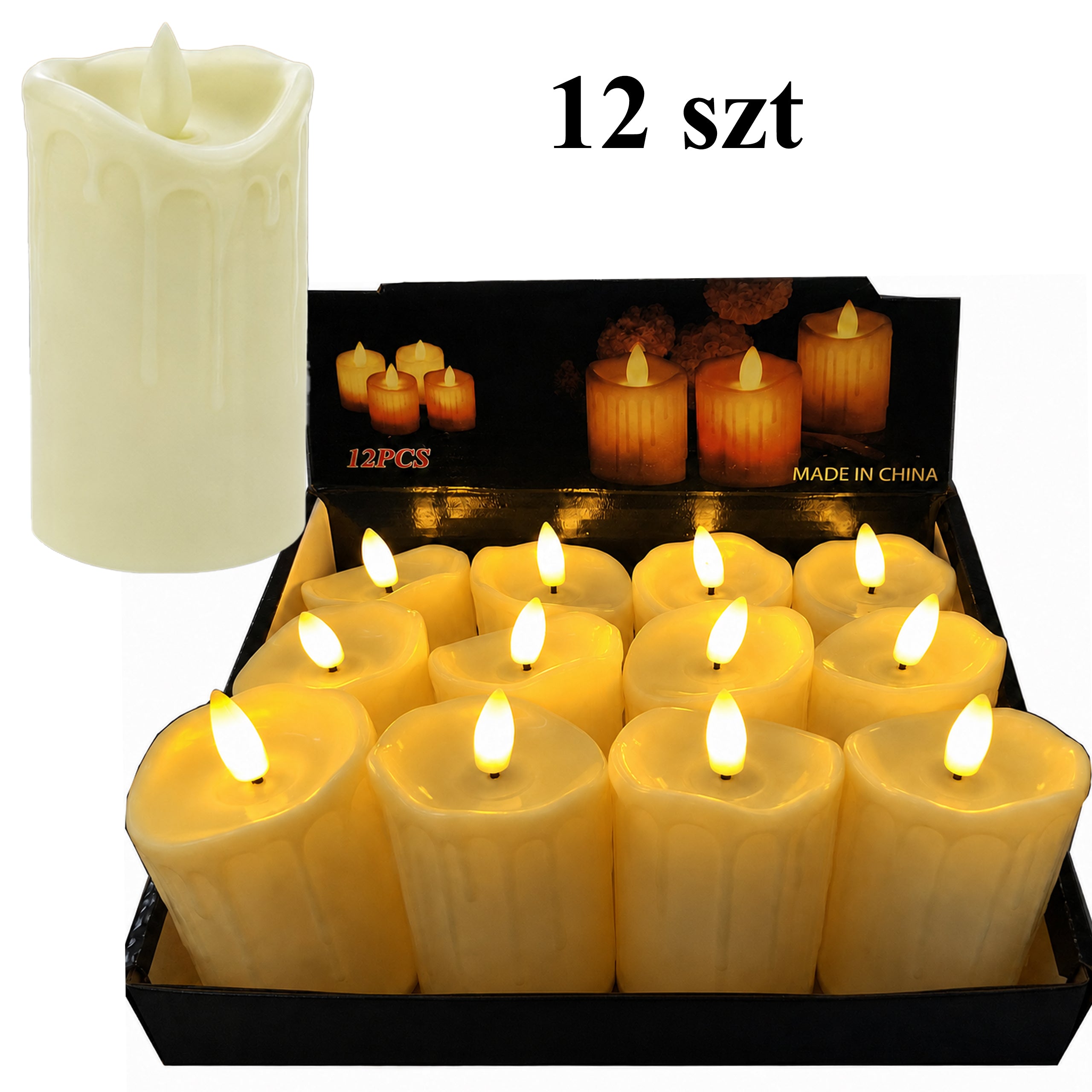 12 tk leegiefektiga LED-küünlasisusid 9 cm koos patareidega RC-K-454-13345