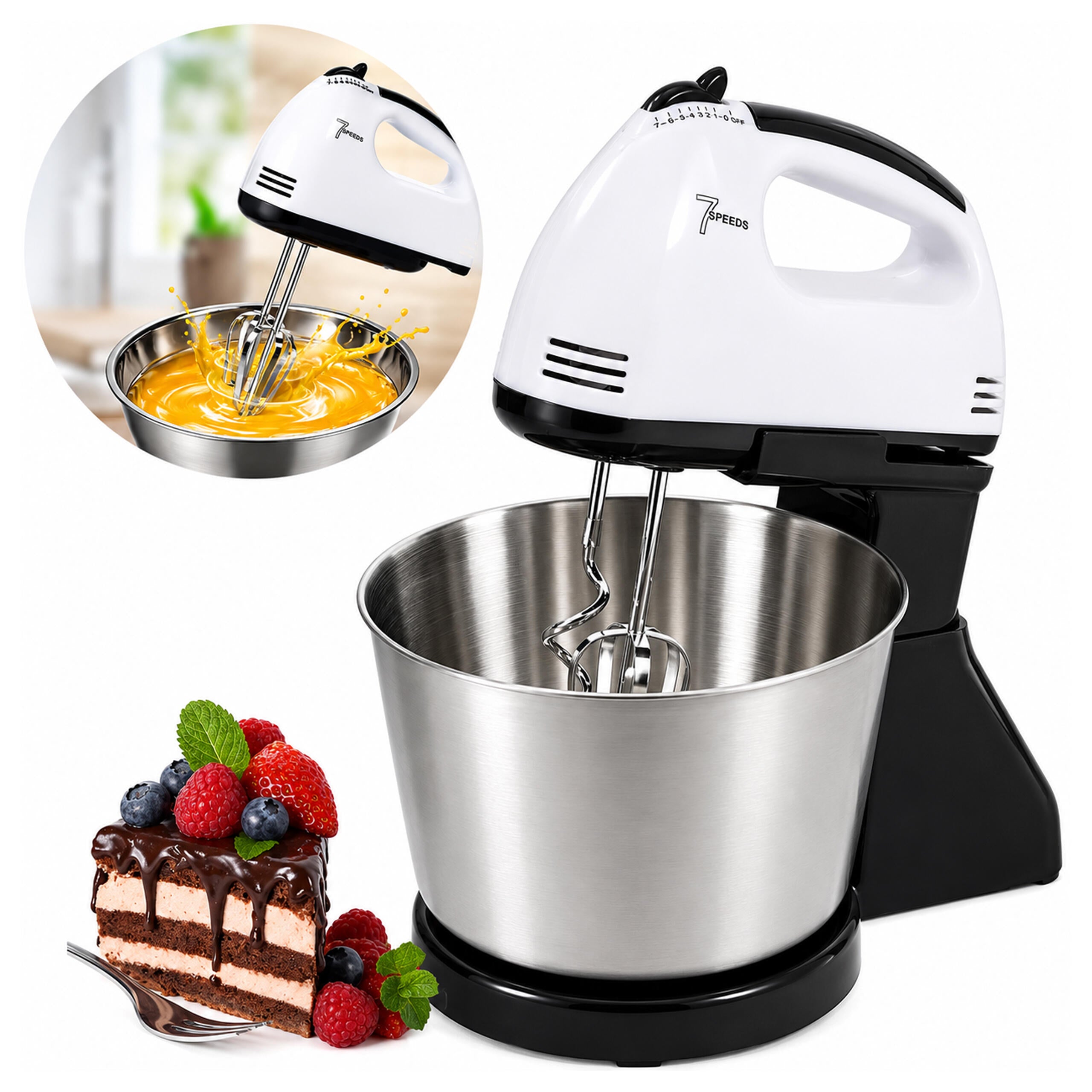 Powerful Hand Mixer with Stainless Steel Bowl 7 Speeds 100W Attachments