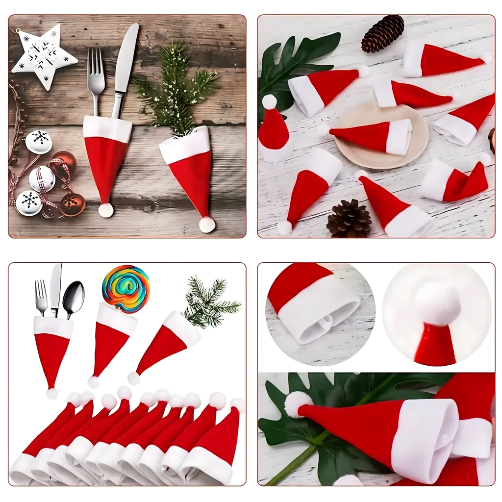 12x Jõuluteemalised söögiriistade kotid, jõulukate, jõuluvana müts
