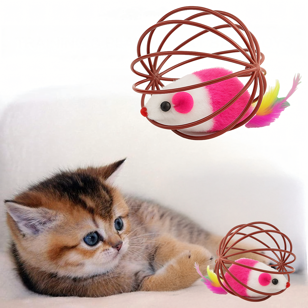 Interaktiivne mängupall kassile, hiire, sulgede, kõristi ja traadist palliga