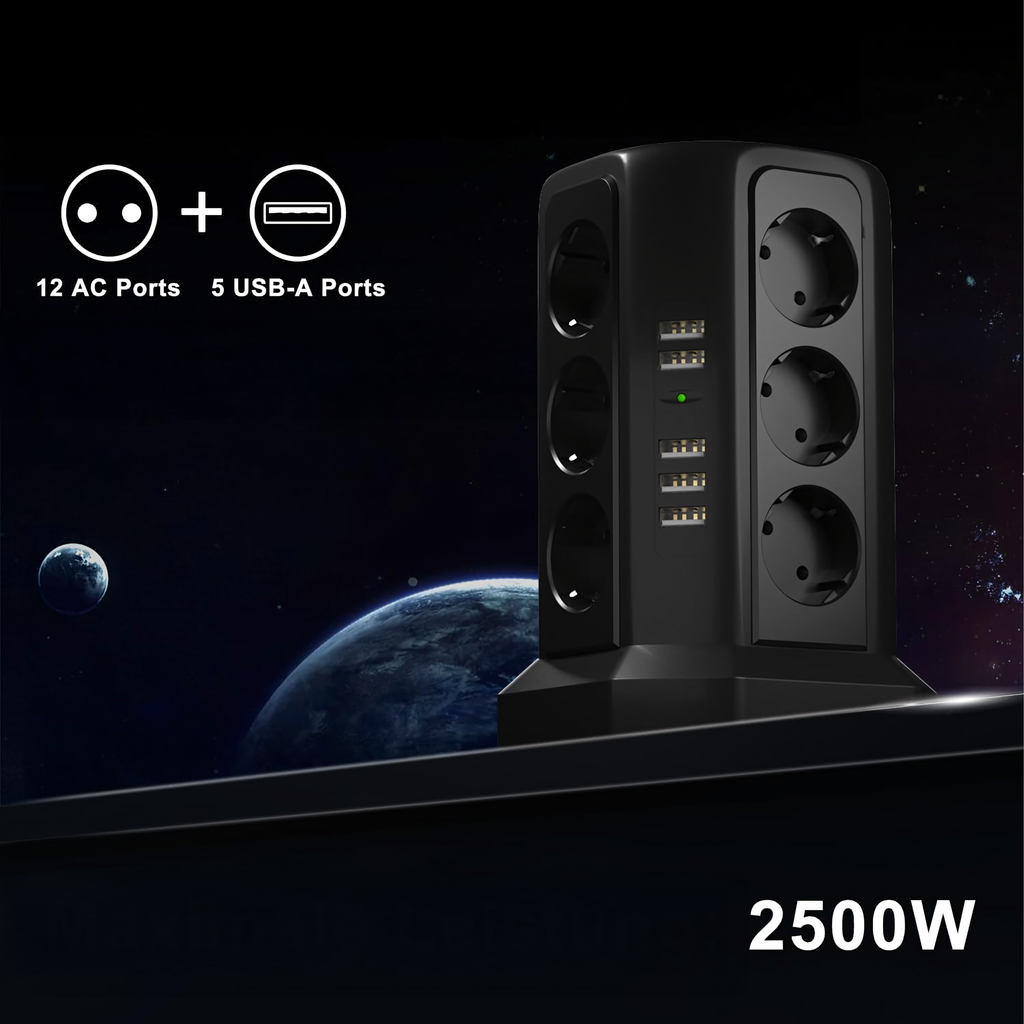 Püstine kaitsev pikendusjuhe välgukaitsega, 12 pistikupesa + 5 USB lähtestusporti