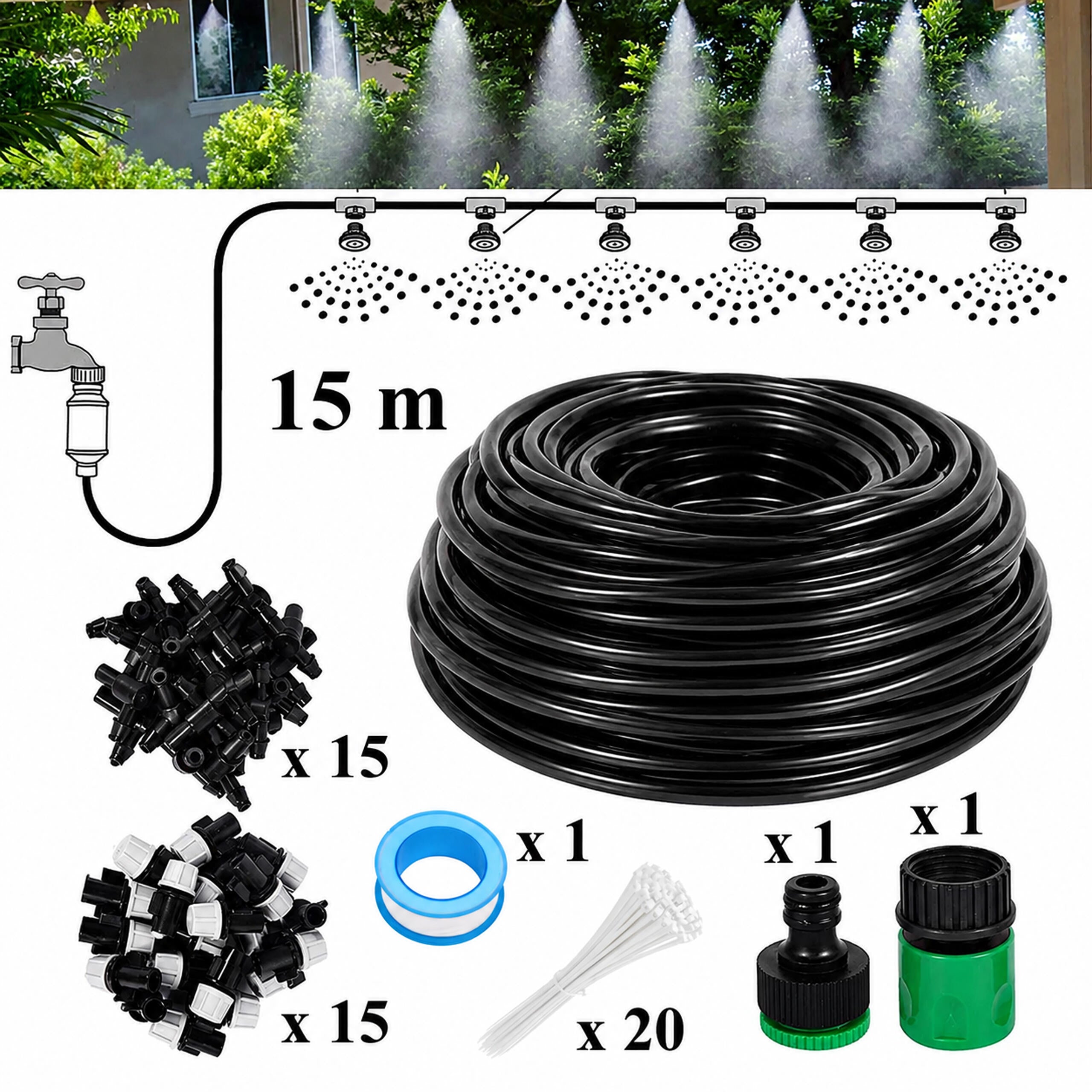 15m Garden Water Curtain Drip Irrigation Set with Sprinkler