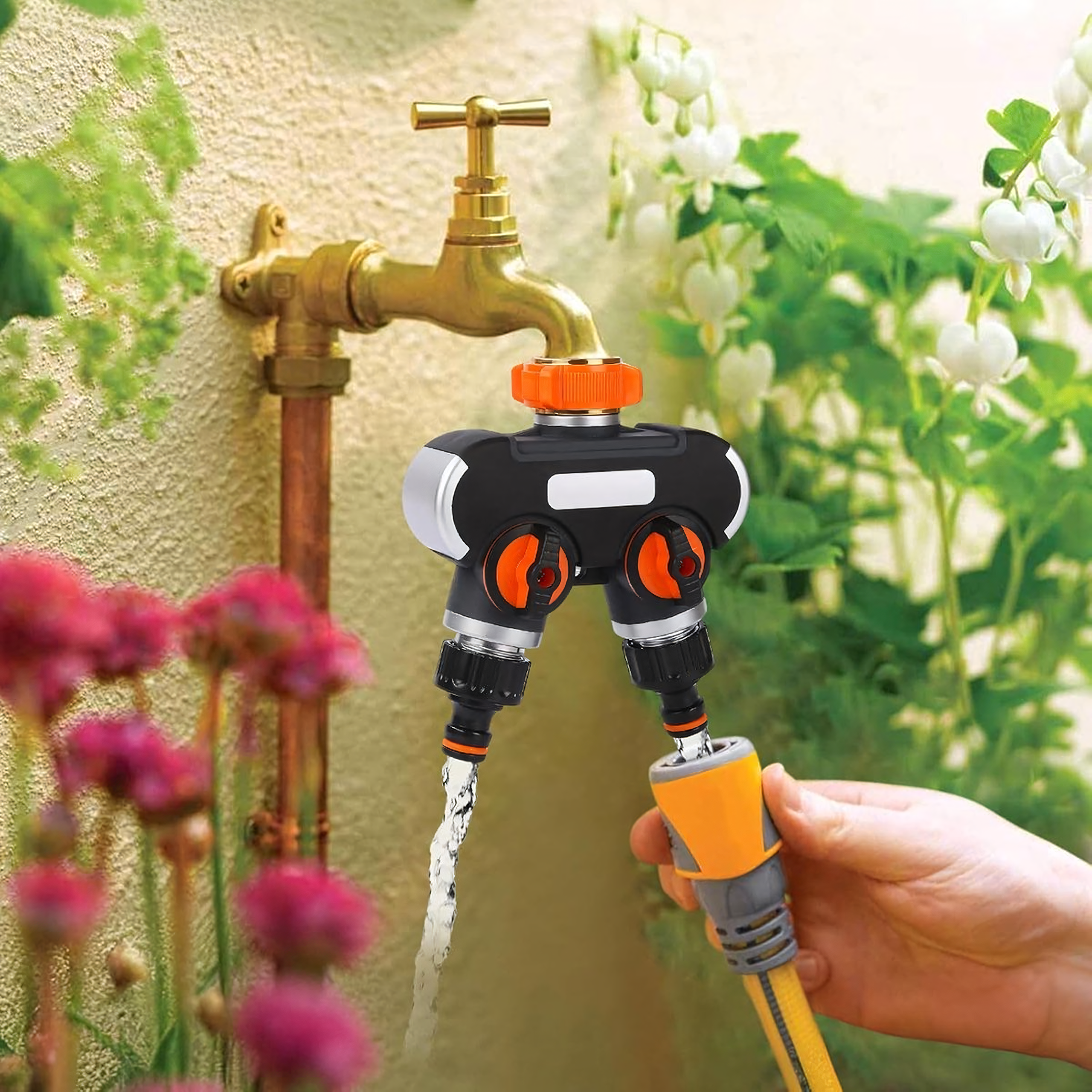 2-Way Hose Splitter for Garden Hose Faucet with Valves
