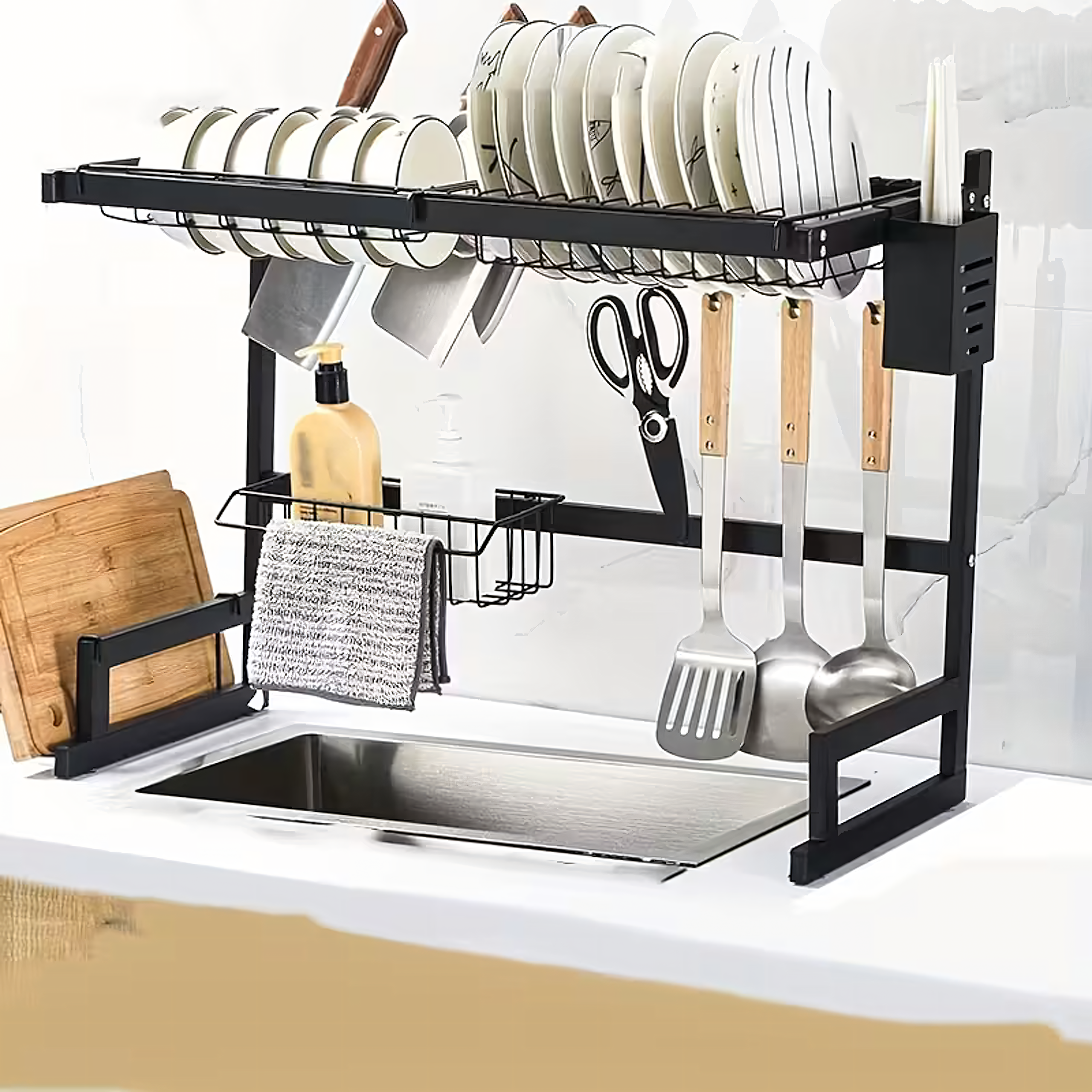 Two-Tier Dish Drying Rack for Dishes with a Board Holder