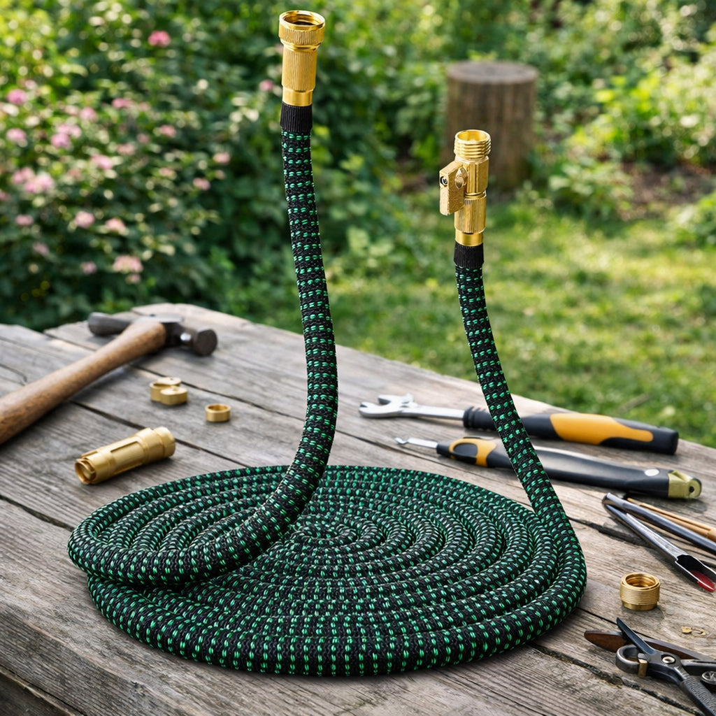 Premium Reinforced Expandable Garden Hose 2.5-7.5m with 1/2 and 3/4 Connectors and Spray Gun