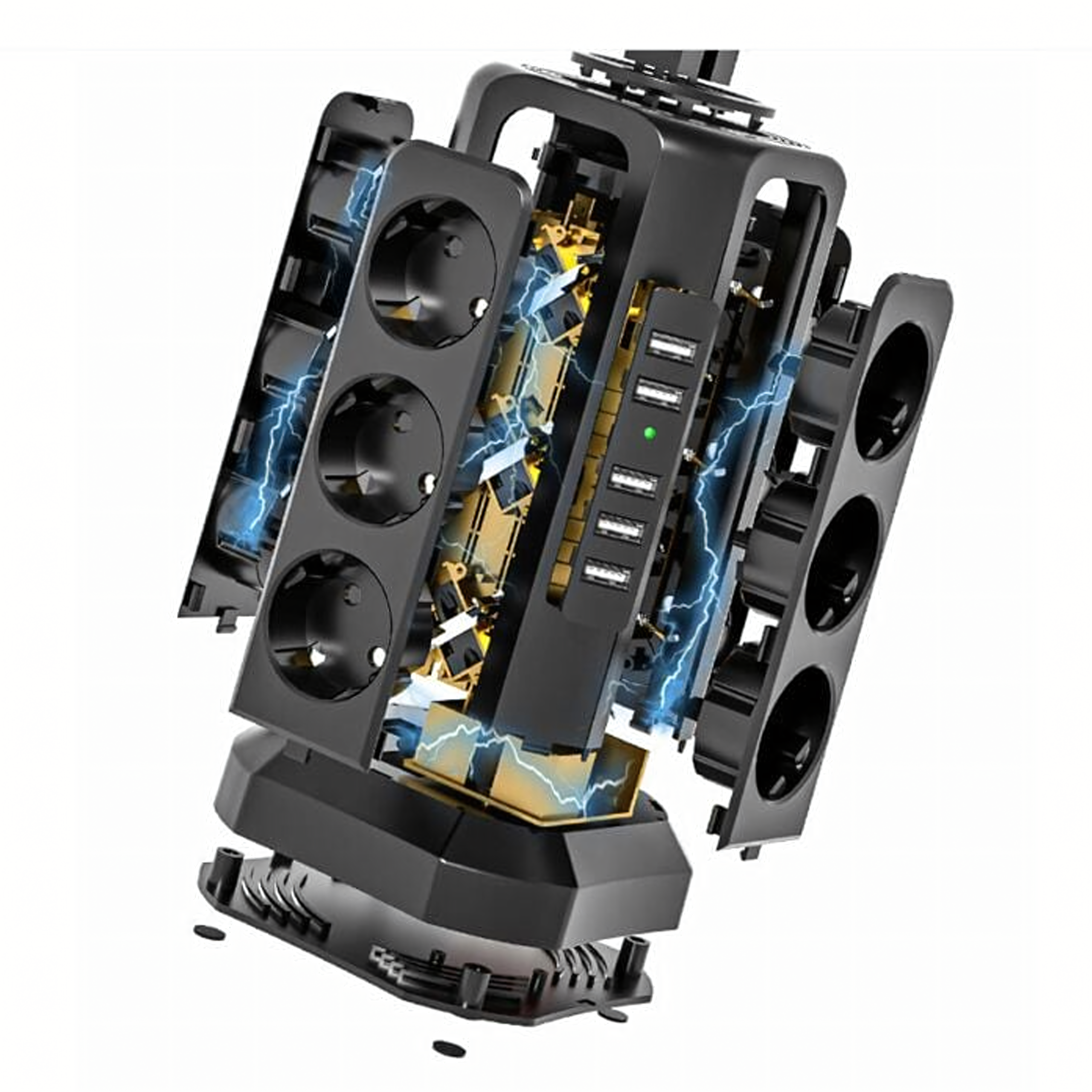Püstine kaitsev pikendusjuhe välgukaitsega, 12 pistikupesa + 5 USB lähtestusporti