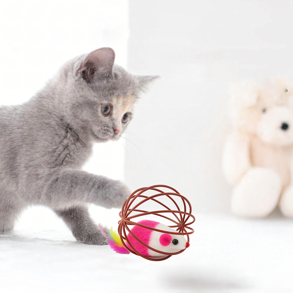 Interaktiivne mängupall kassile, hiire, sulgede, kõristi ja traadist palliga