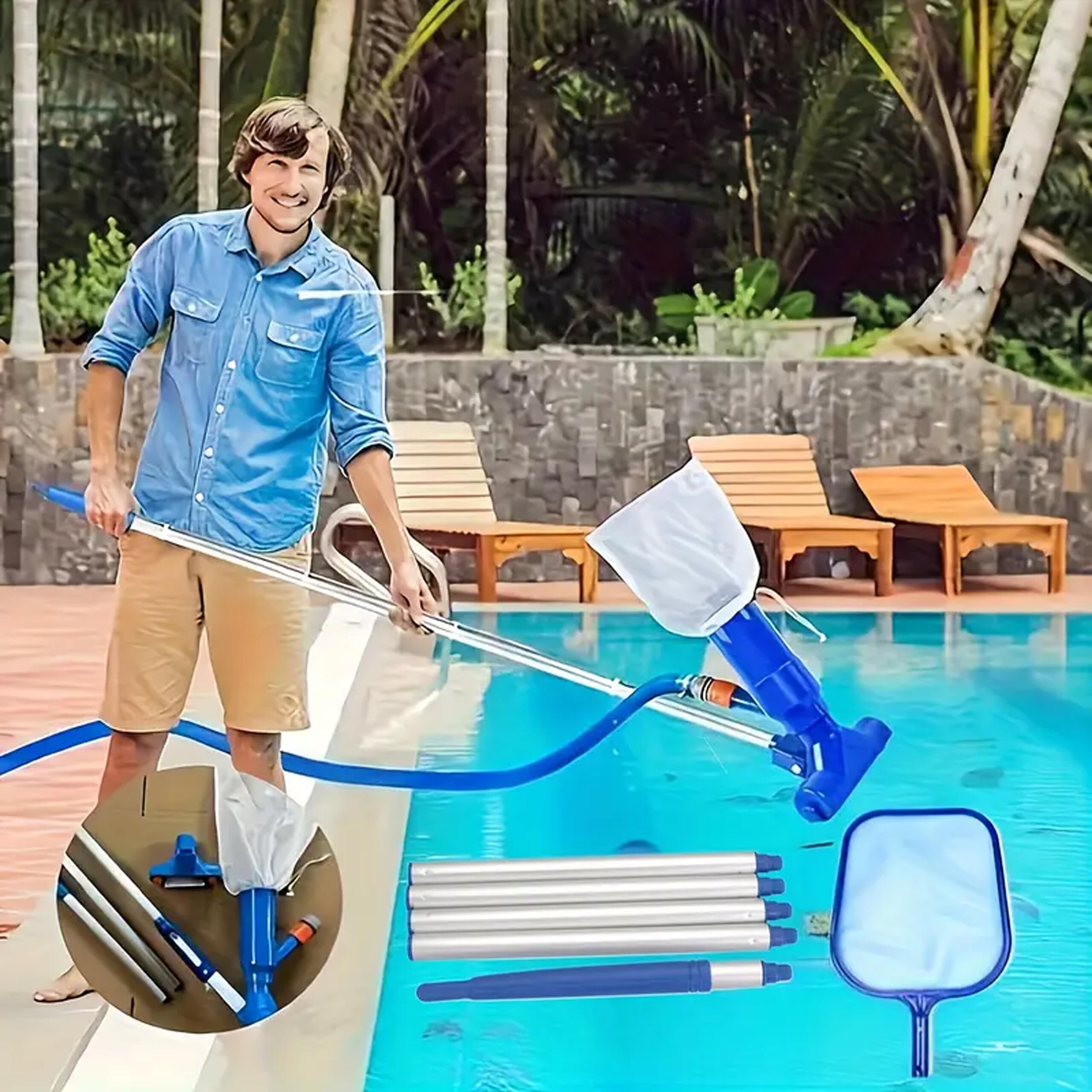 Pool and Spa Bottom Cleaning Set with Vacuum Brush and Net