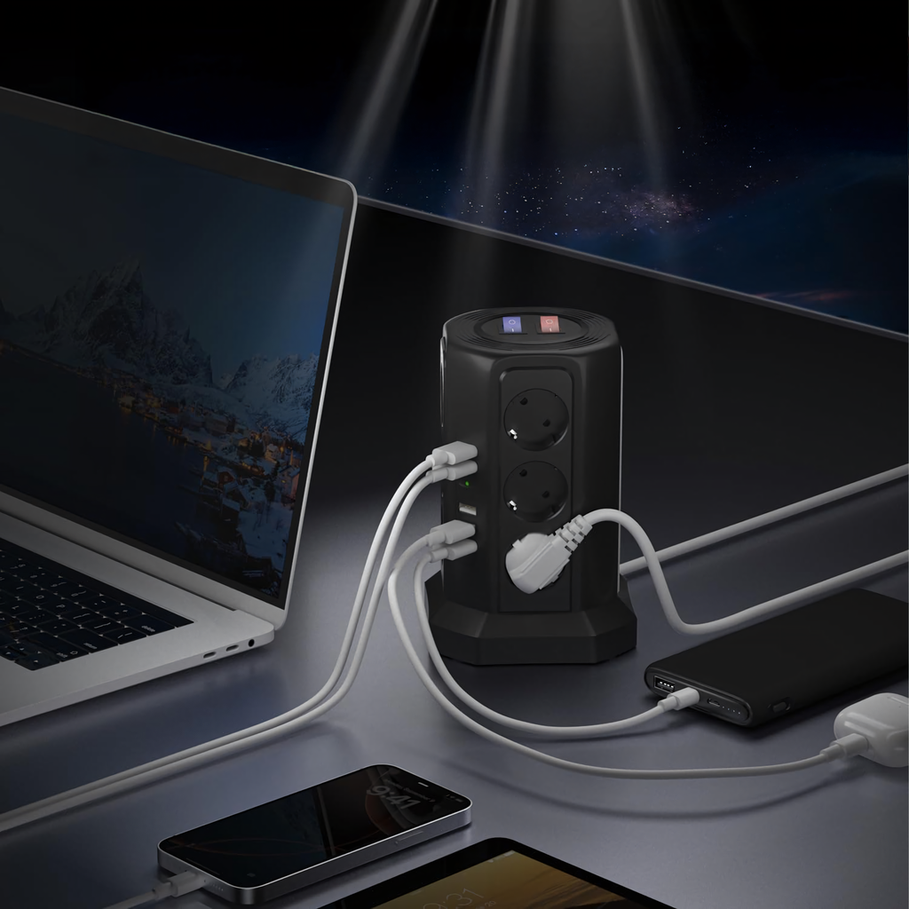 Püstine kaitsev pikendusjuhe välgukaitsega, 12 pistikupesa + 5 USB lähtestusporti