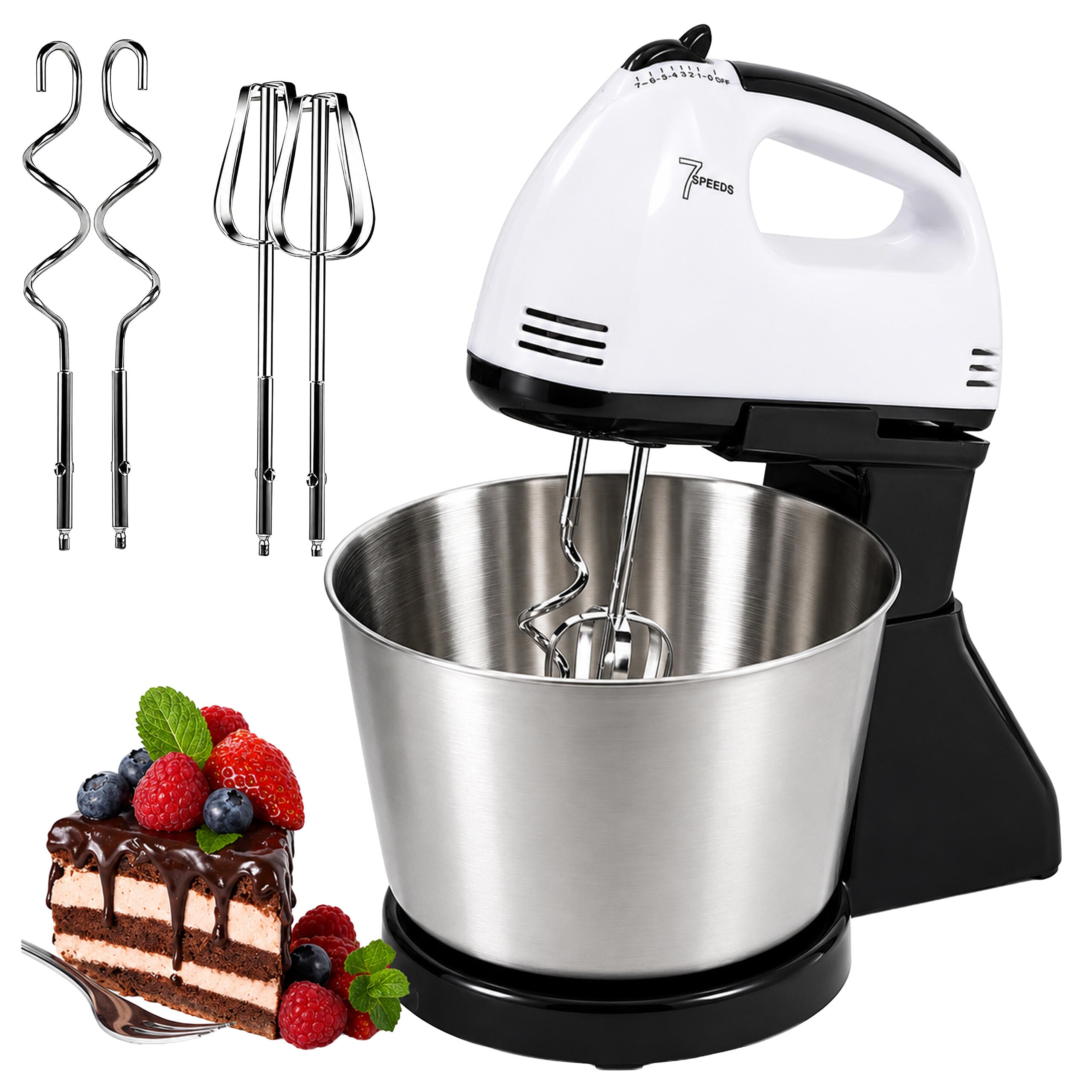 Powerful Hand Mixer with Stainless Steel Bowl 7 Speeds 100W Attachments