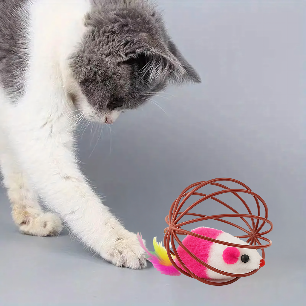 Interaktiivne mängupall kassile, hiire, sulgede, kõristi ja traadist palliga