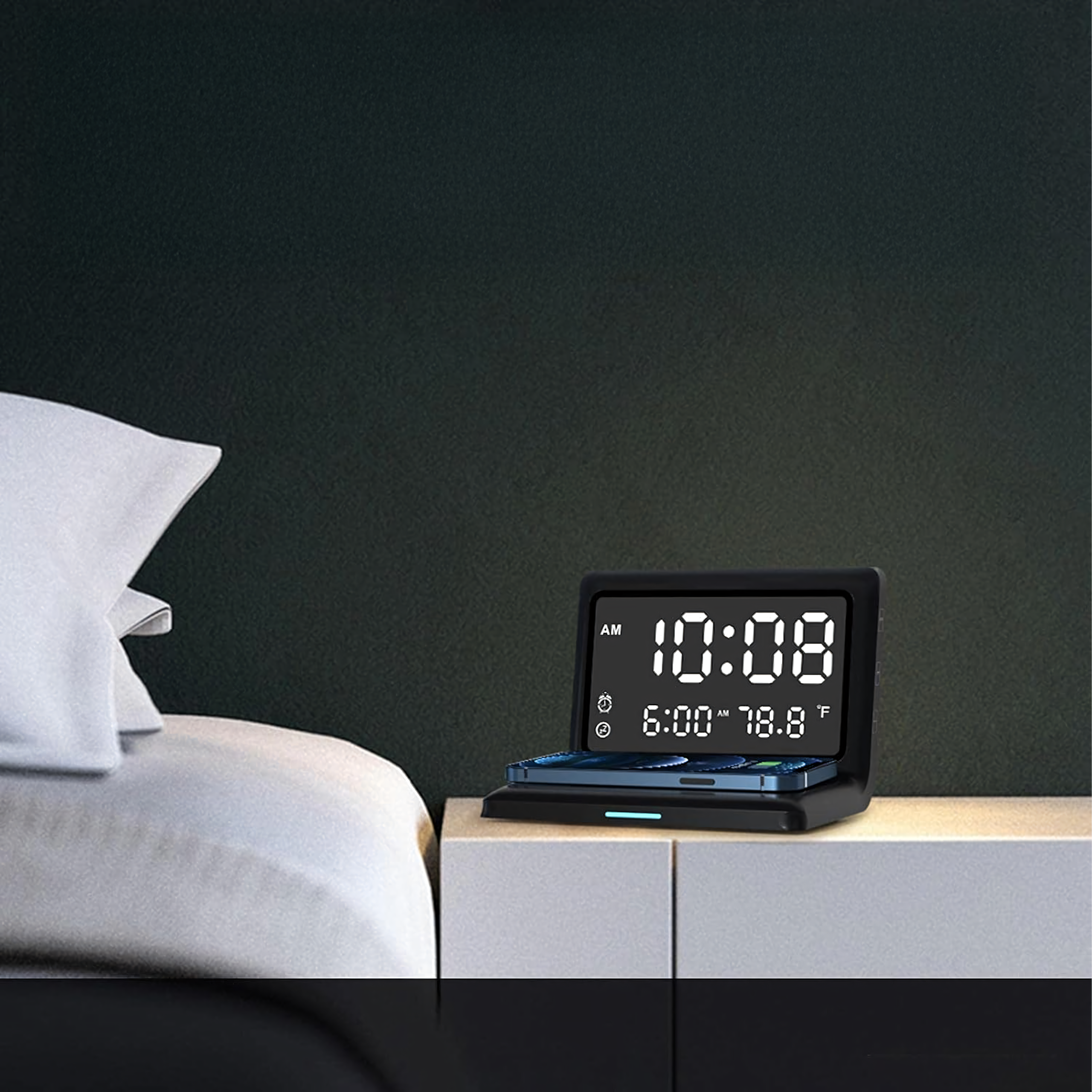 3in1 digitaalne äratuskell juhtmevaba laadija 15W temperatuuripeegel