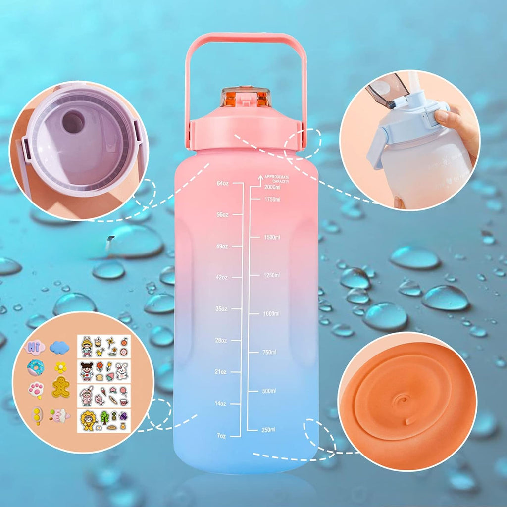 Motivational Water Bottle 2000ml 2L with Straw, Handle, and Measurement Markings