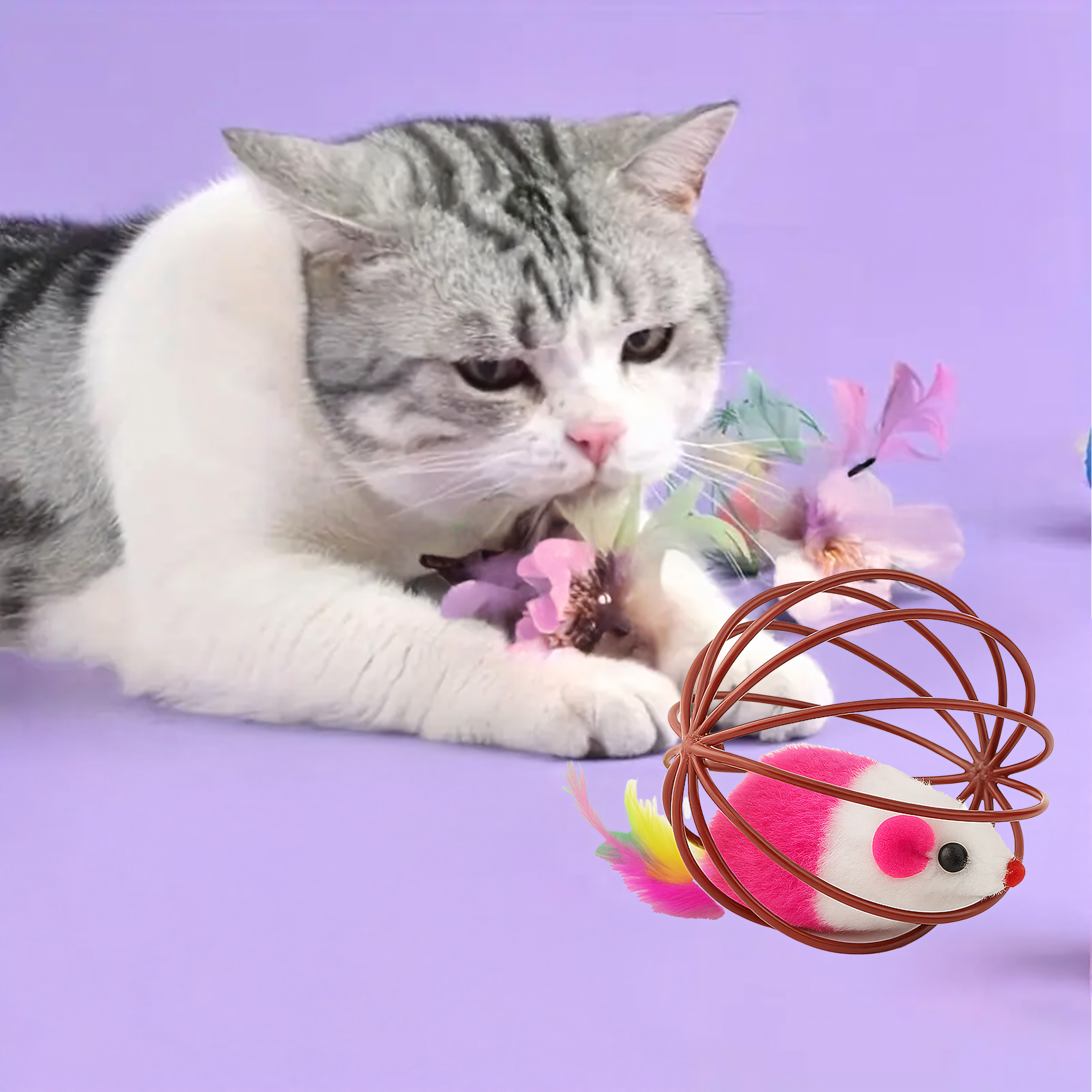 Interaktiivne mängupall kassile, hiire, sulgede, kõristi ja traadist palliga