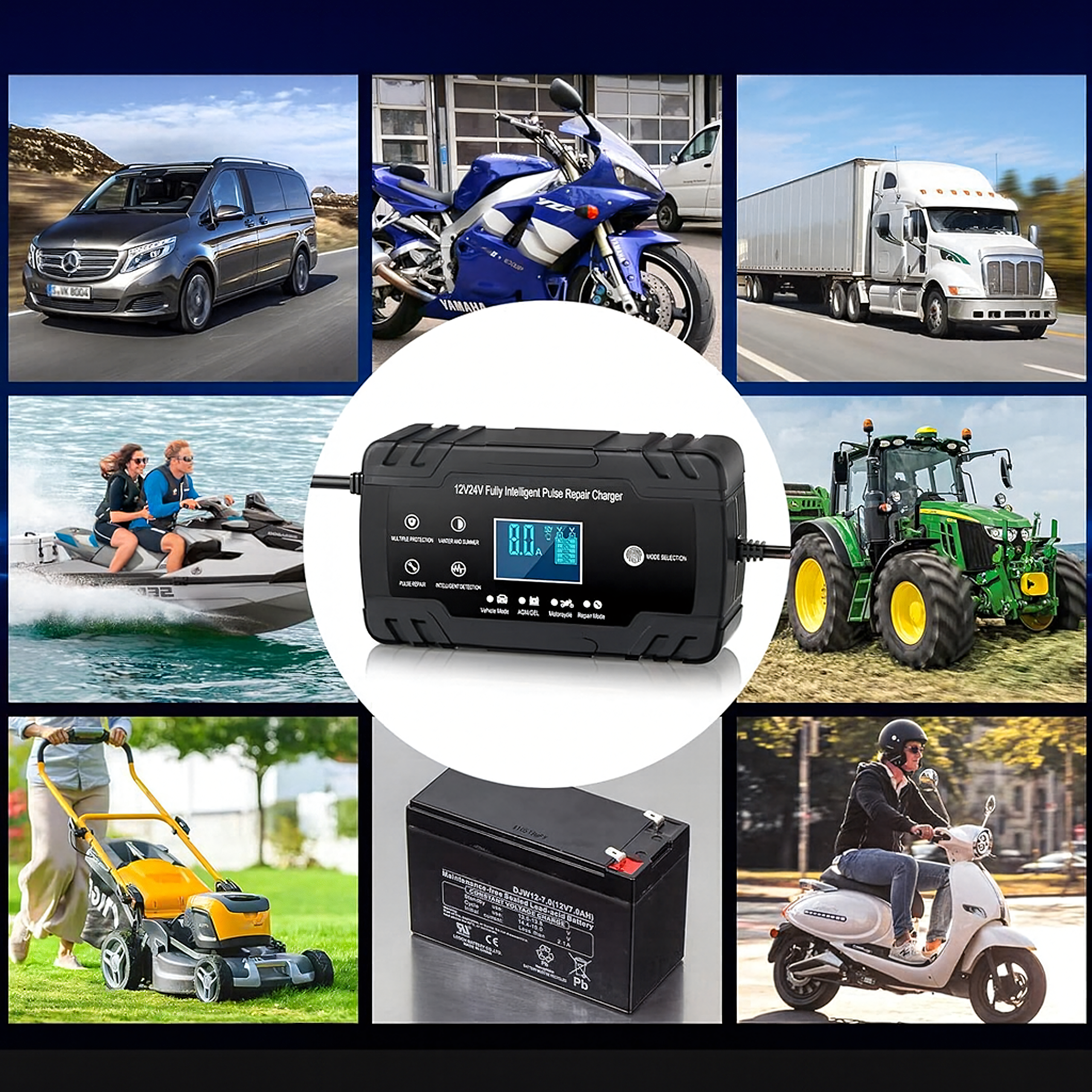 Võimas intelligentne alaldi akulaadija 12V 24V 4A 8A krokodillklemmidega