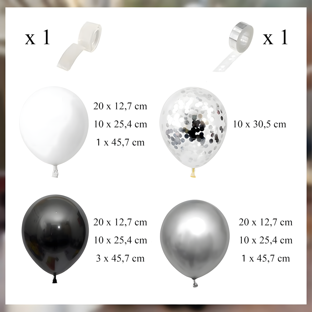Õhupallikaare komplekt sünnipäeva õhupallid Black hõbedane valge 107 tk