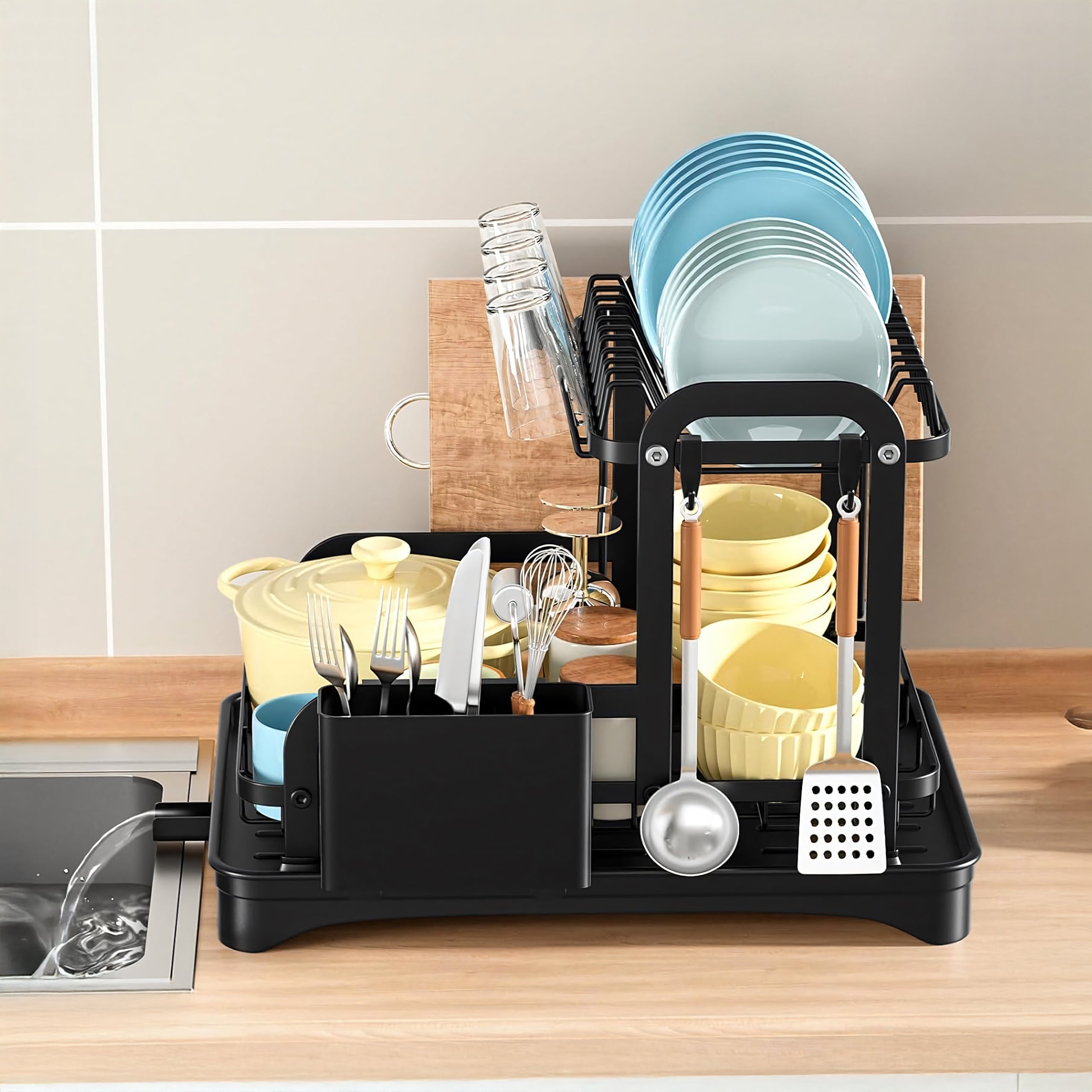 Two-Tier Large XXL Black Dish Drainer with Drain