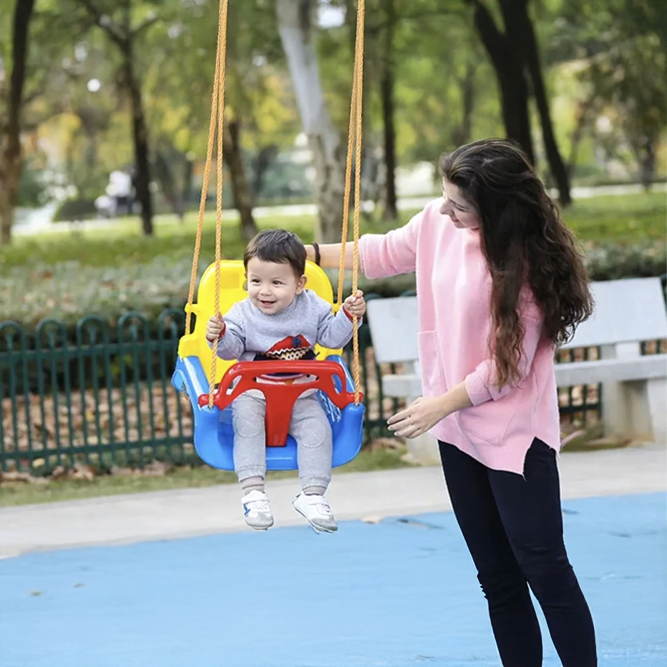 3-ühes ämberkiik seljatoega lastele, reguleeritav aialehutaja