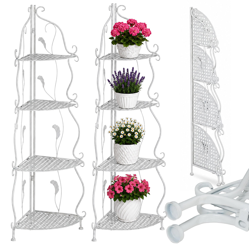 White Decorative Metal Corner Shelf with 4 Shelves for Flowers and Books