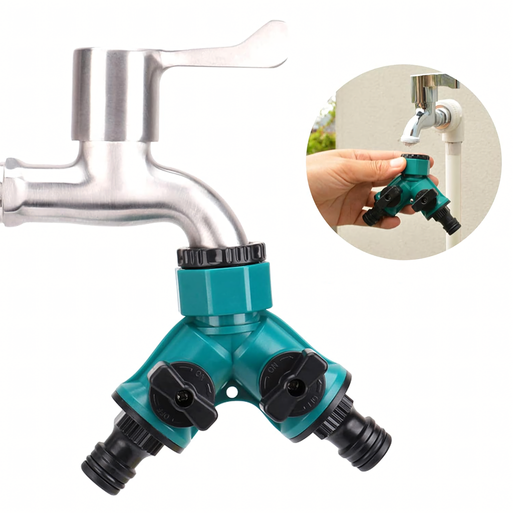 2-Way Garden Hose Tap Connector Reducer 1/2" to 3/4" with Valves