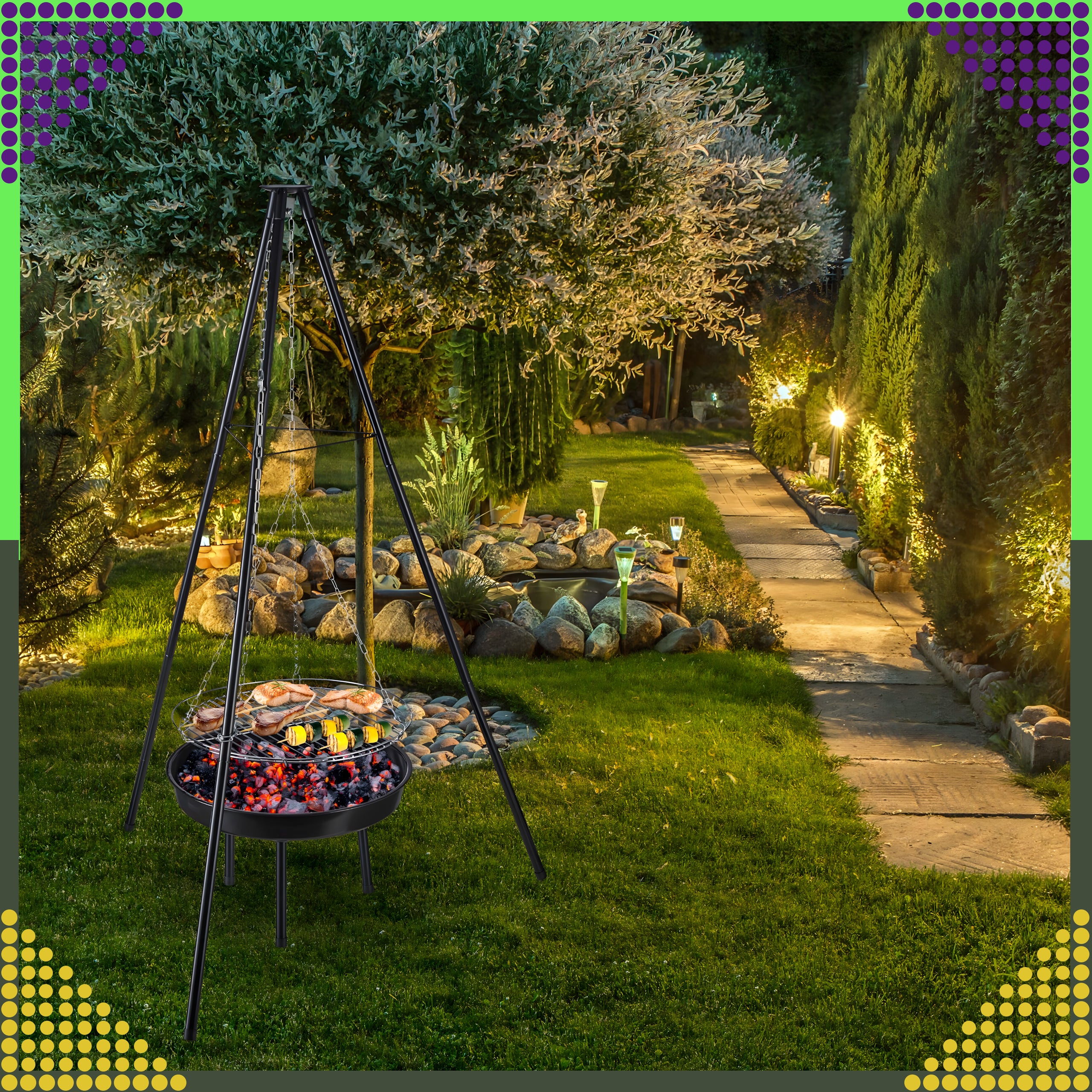 Palenisko Trójnóg Grill Ogniskowy Ogrodowy Wiszący Duży Ognisko Ruszt