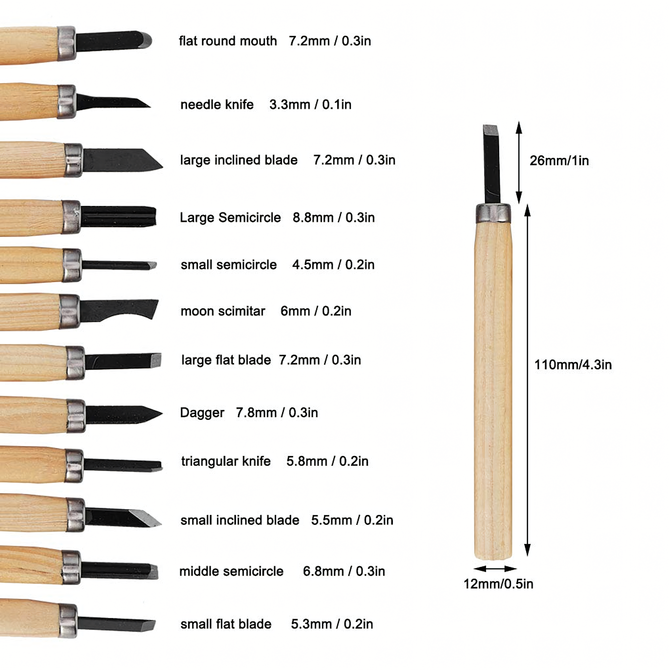12-osaline puidunikerduspeitlite komplekt puidust käepidemetega 12 tk