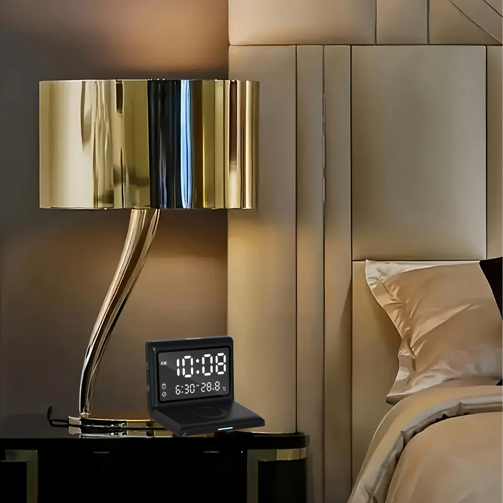 3in1 digitaalne äratuskell juhtmevaba laadija 15W temperatuuripeegel