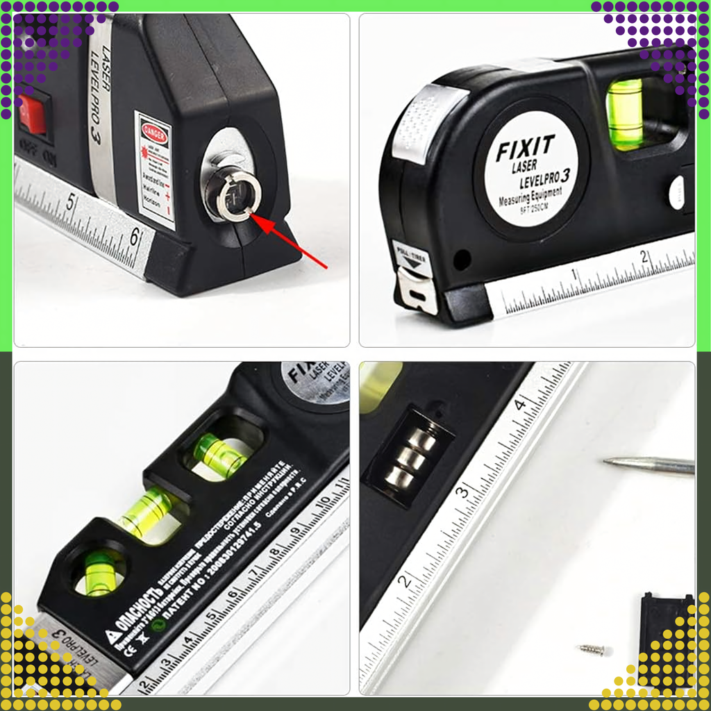 Laserlood koos mõõduga 250 cm, 3 taset, valguslood + patareid